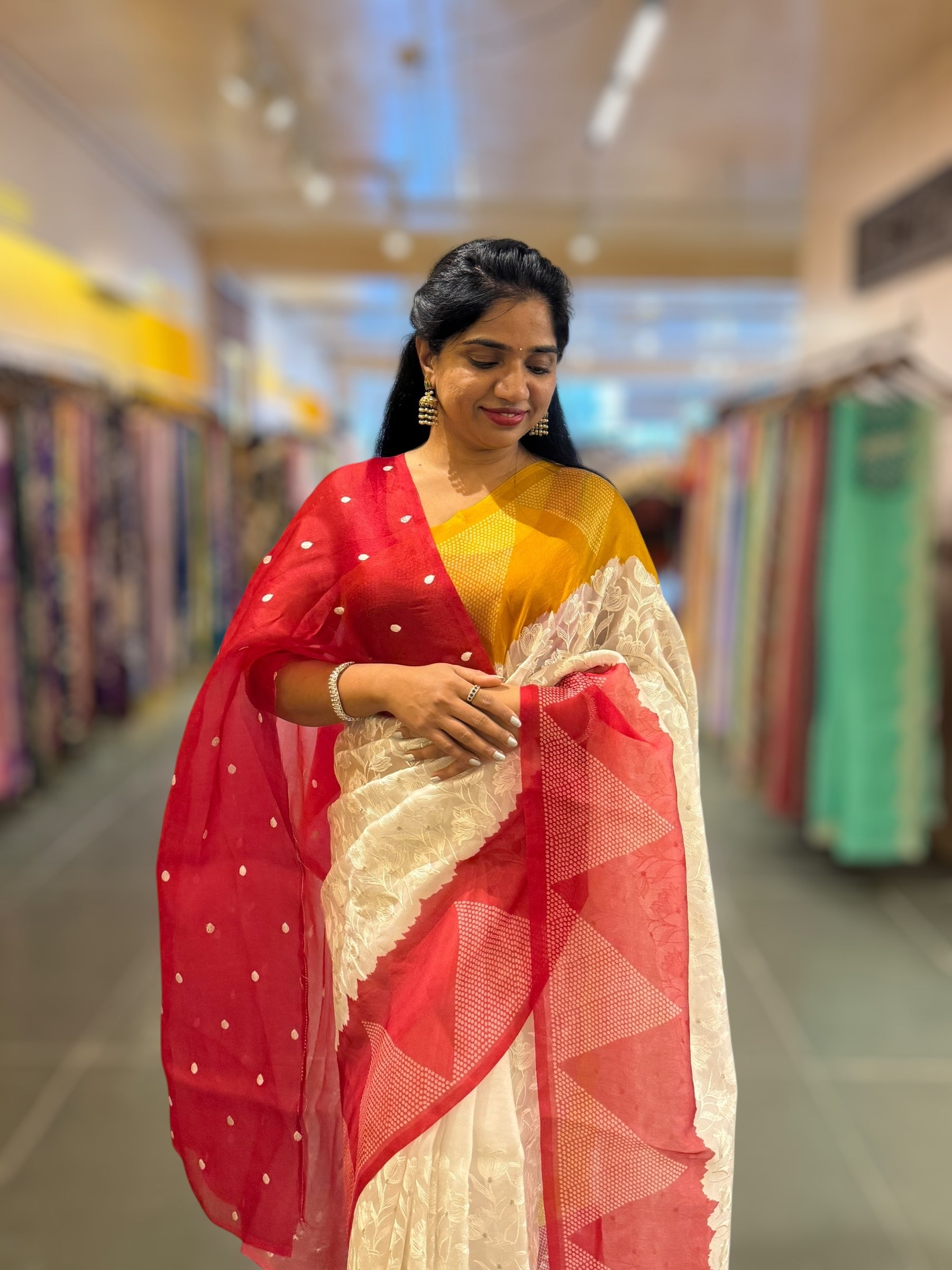 Organza Chikankari Embroidery Saree With Ganga Jamuna Bandhini Temple Borders