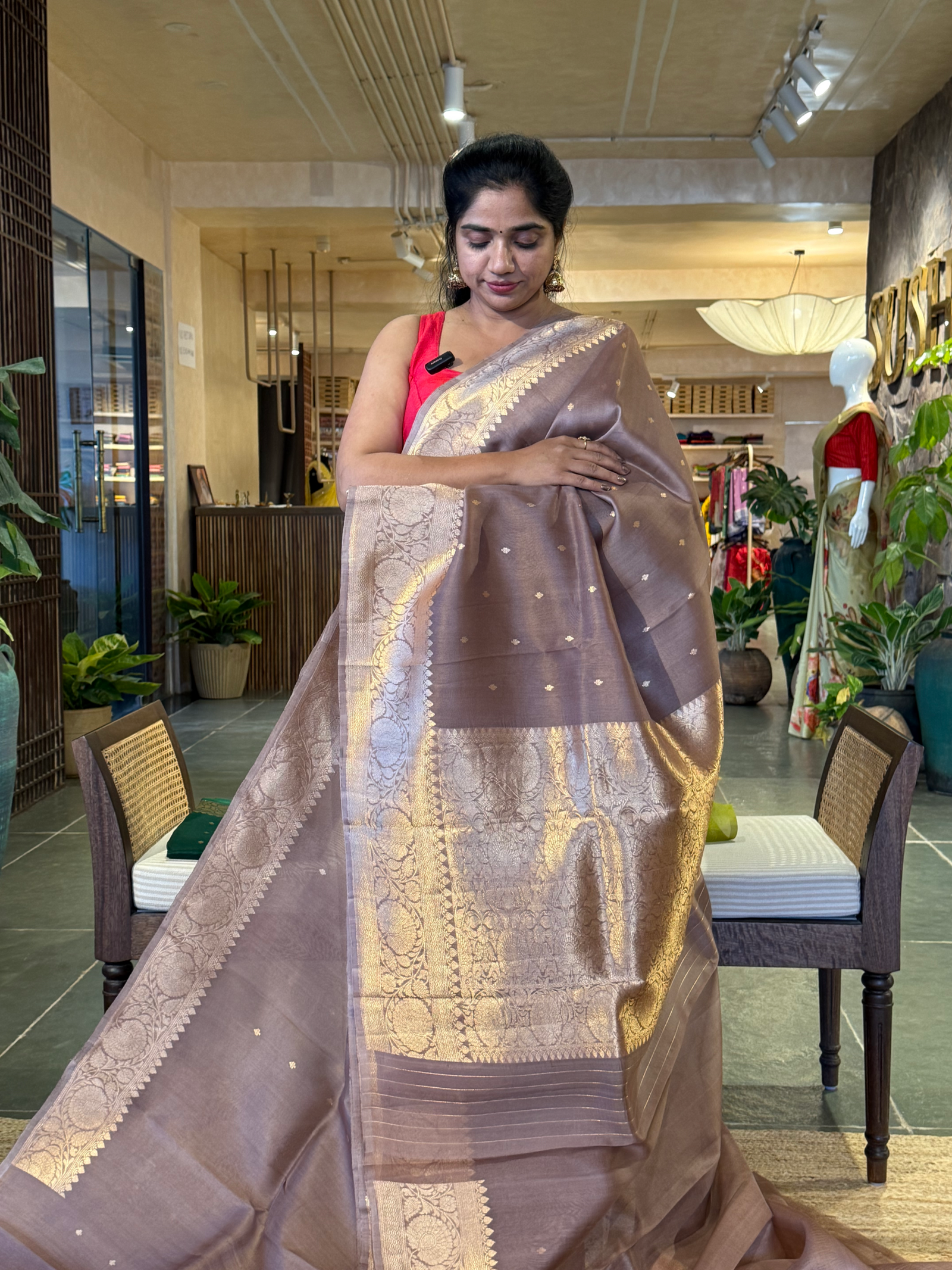 SKBSM226 : English Brown Premium Handloom Kaduwa Woven Kora Banarasi Silk Saree