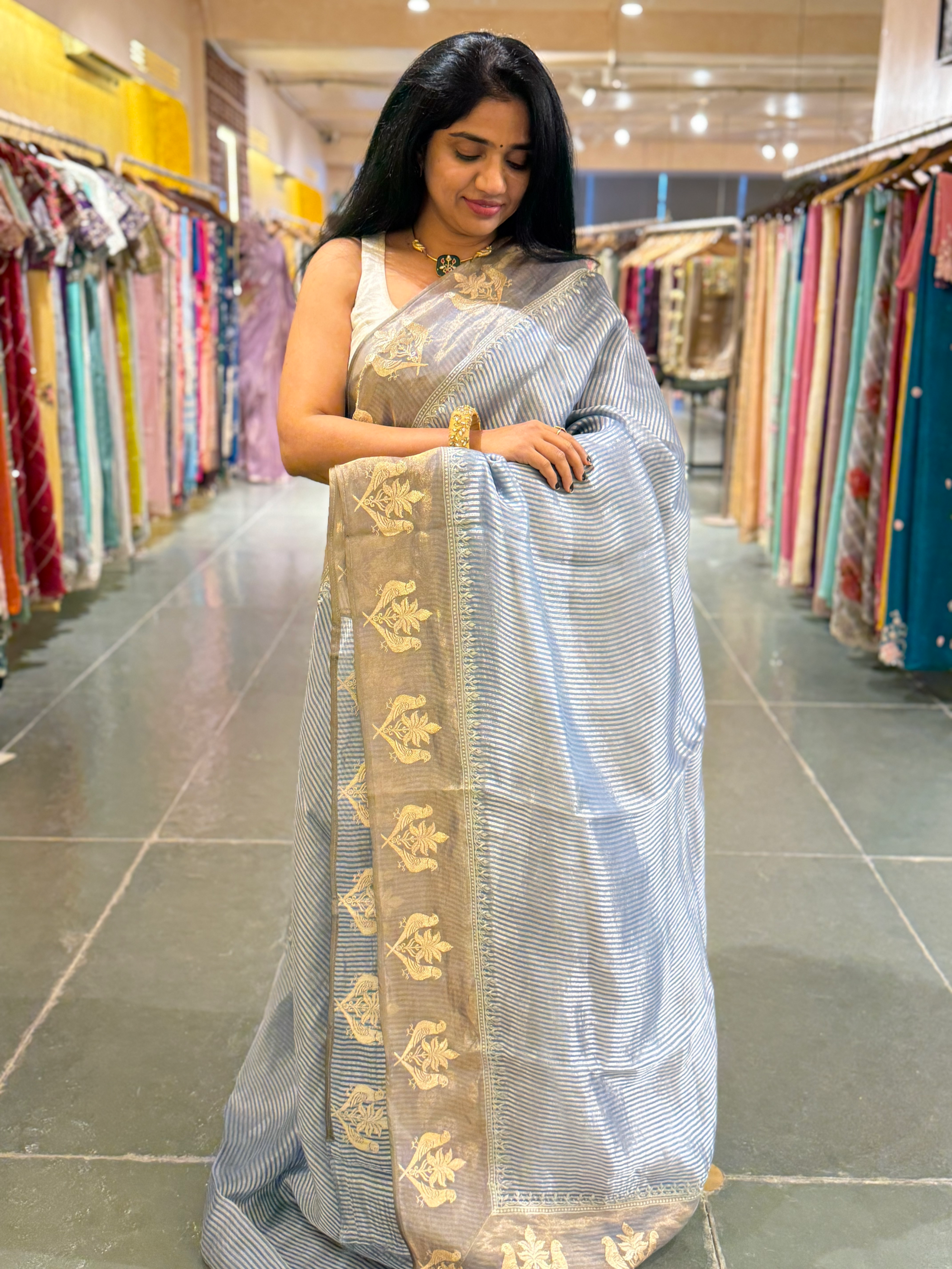 Corn Flower Blue Kora Tissue stripes saree wth tissue Embroidered Border