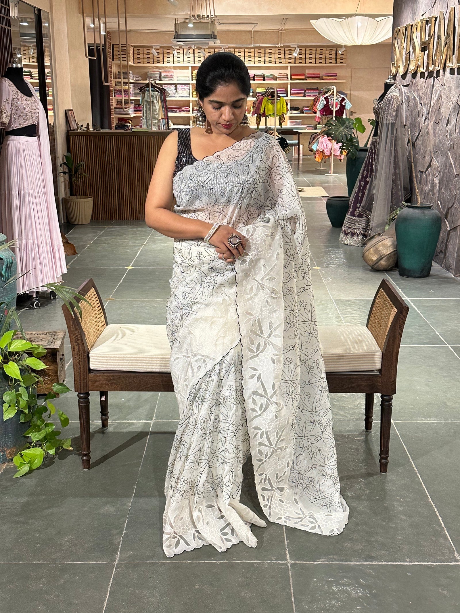 White crush organza saree with allover paithani inspired threadwork and cutwork