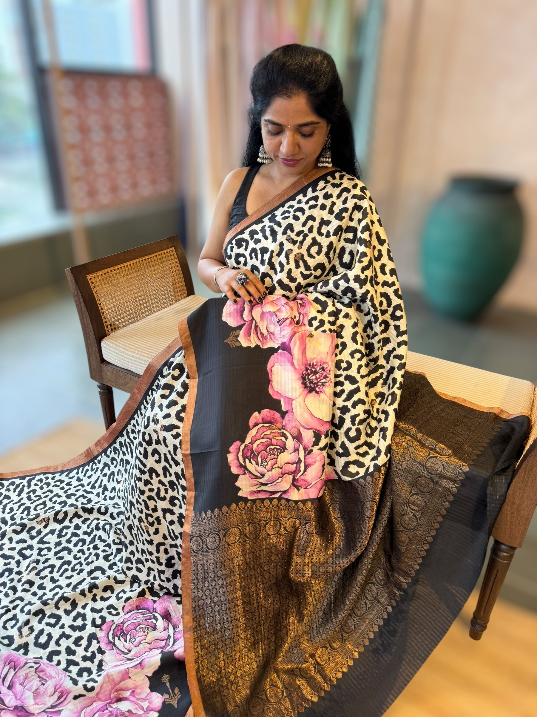 Kanchi Soft Silk Saree with Leopard and Statement 3D Rose Print