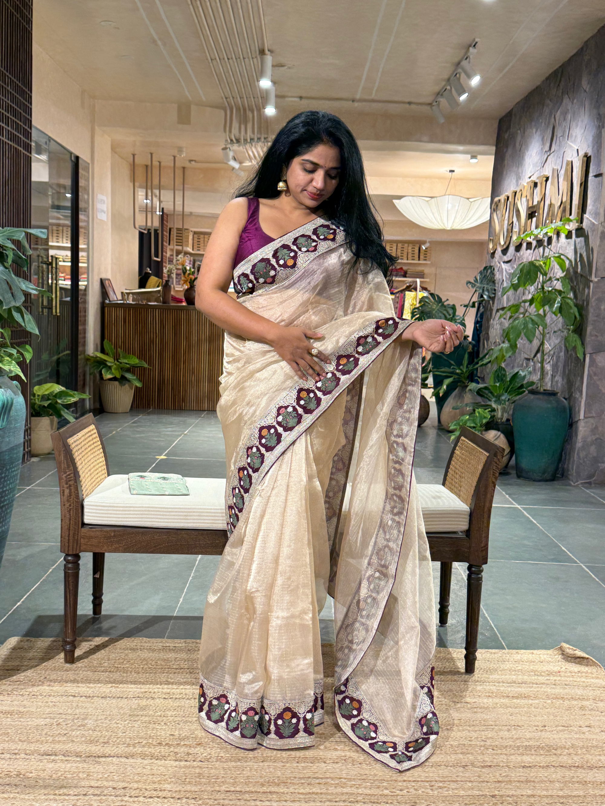 Beige Kora Tissue Stripes Saree With Wine  Sabyasachi Borders & Blouse