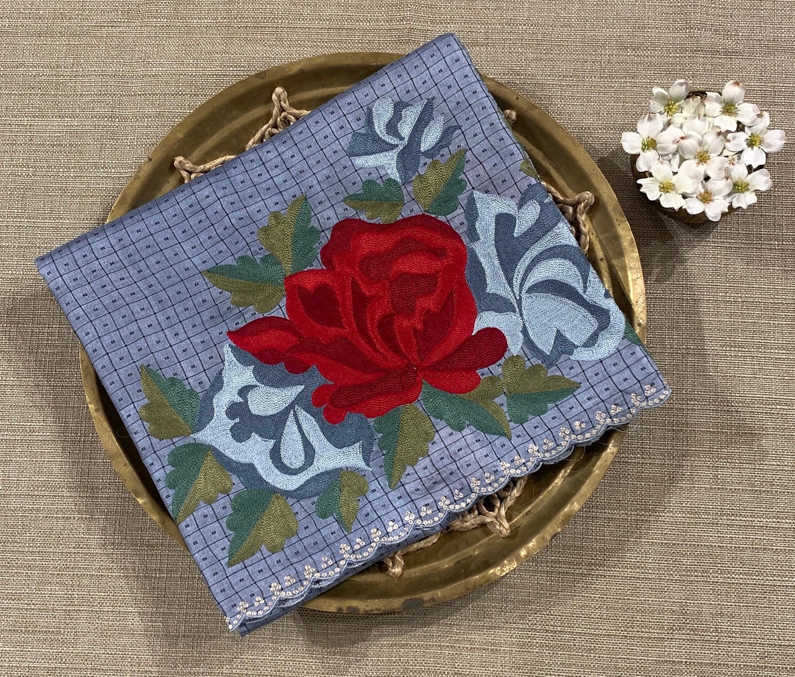 Greyish Blue Tussar Saree with statement Floral Placement Embroidery
