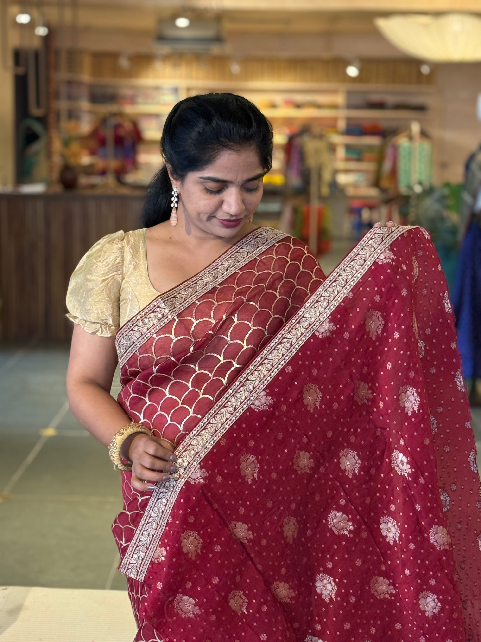 Burgundy Color Pure Organza allover Sequnce Saree in Sabhyasachi Style