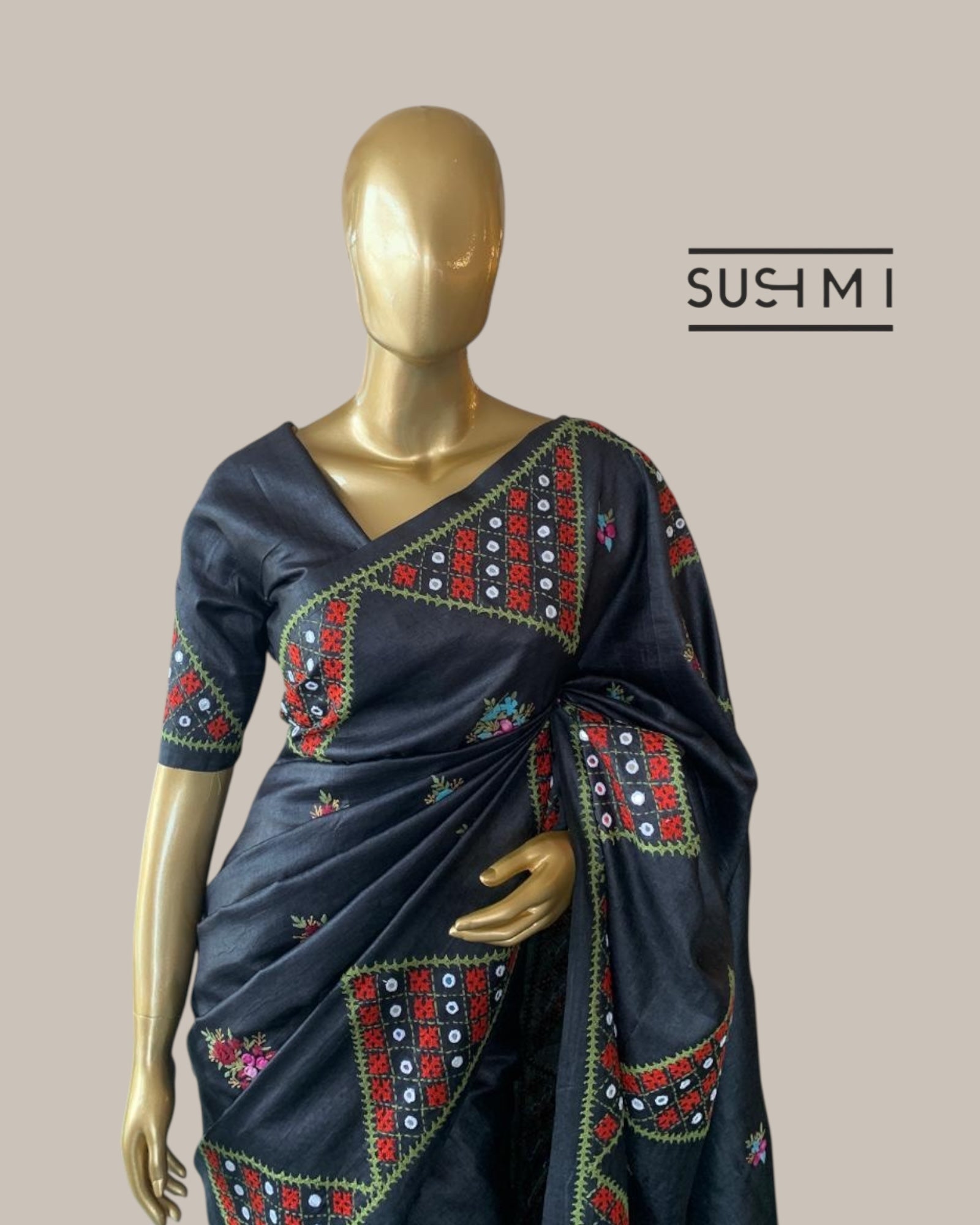 Elephant Grey Pure Tussar Saree with handwork Kutch embroidered with mirrors