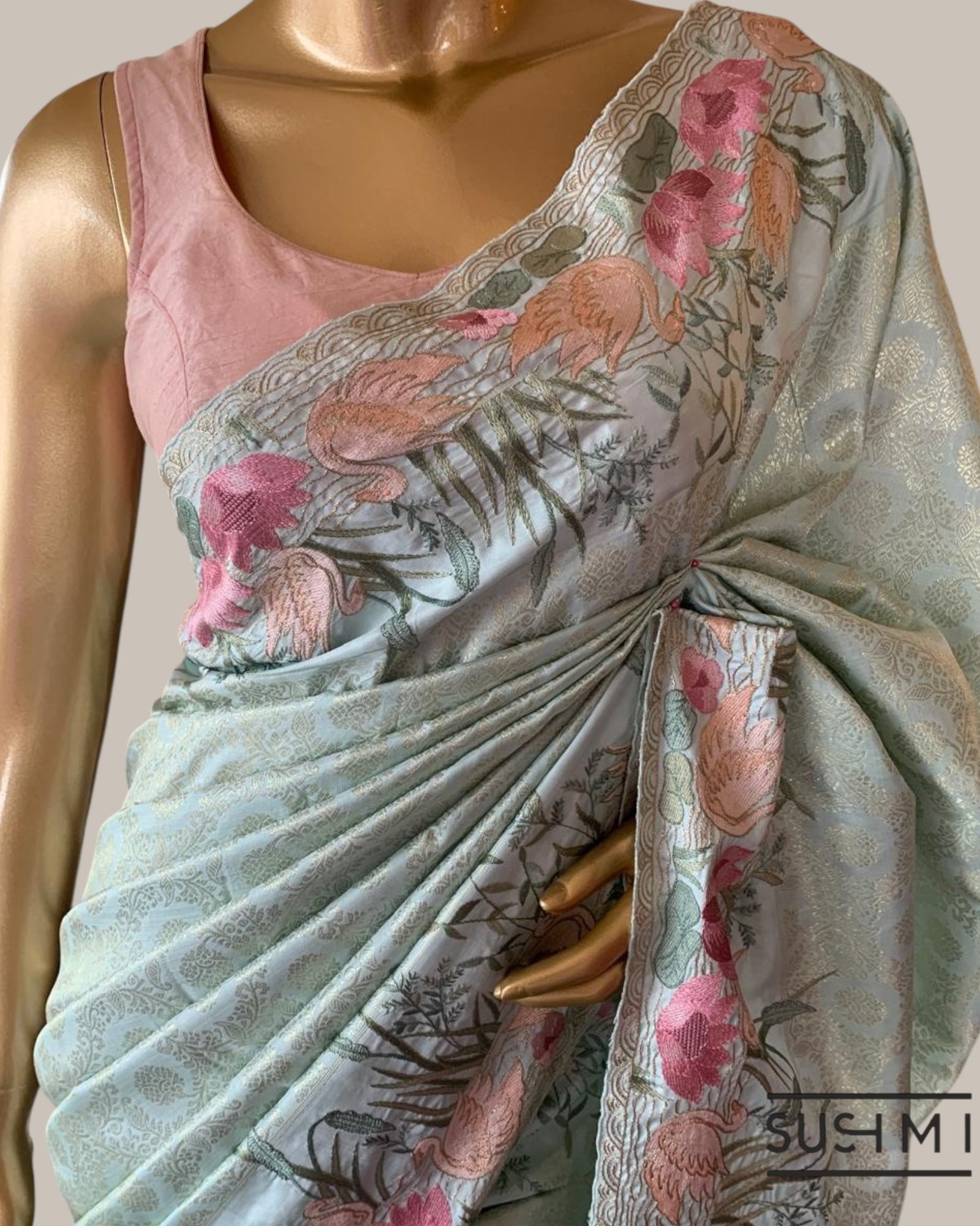 Mint Kanjeevaram Brocade Saree Beautiful Pond Theme Embroidered Border.