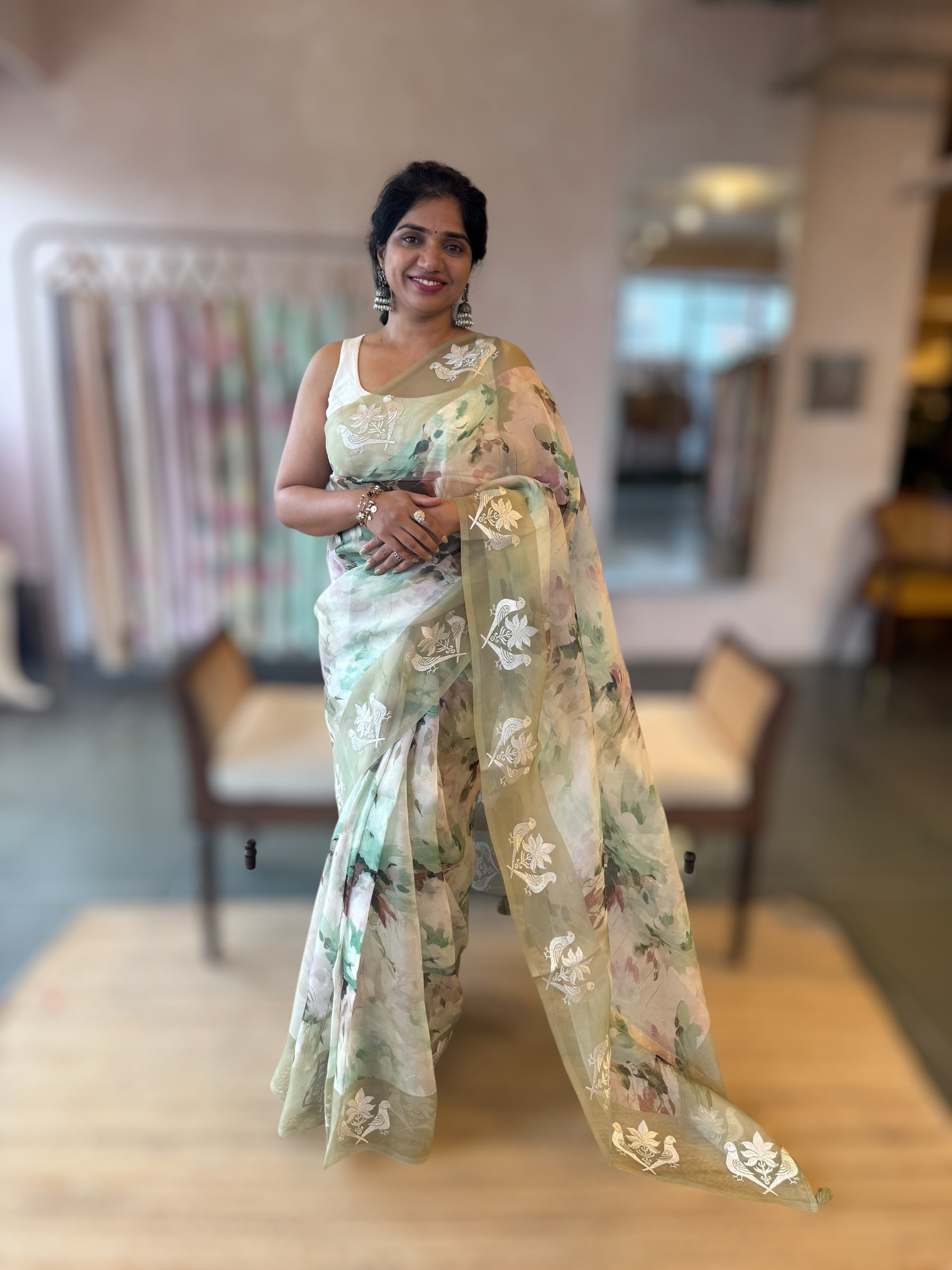 Olive Floral Printed Pure Organza Saree With Birds  Embroidered Motif  Border