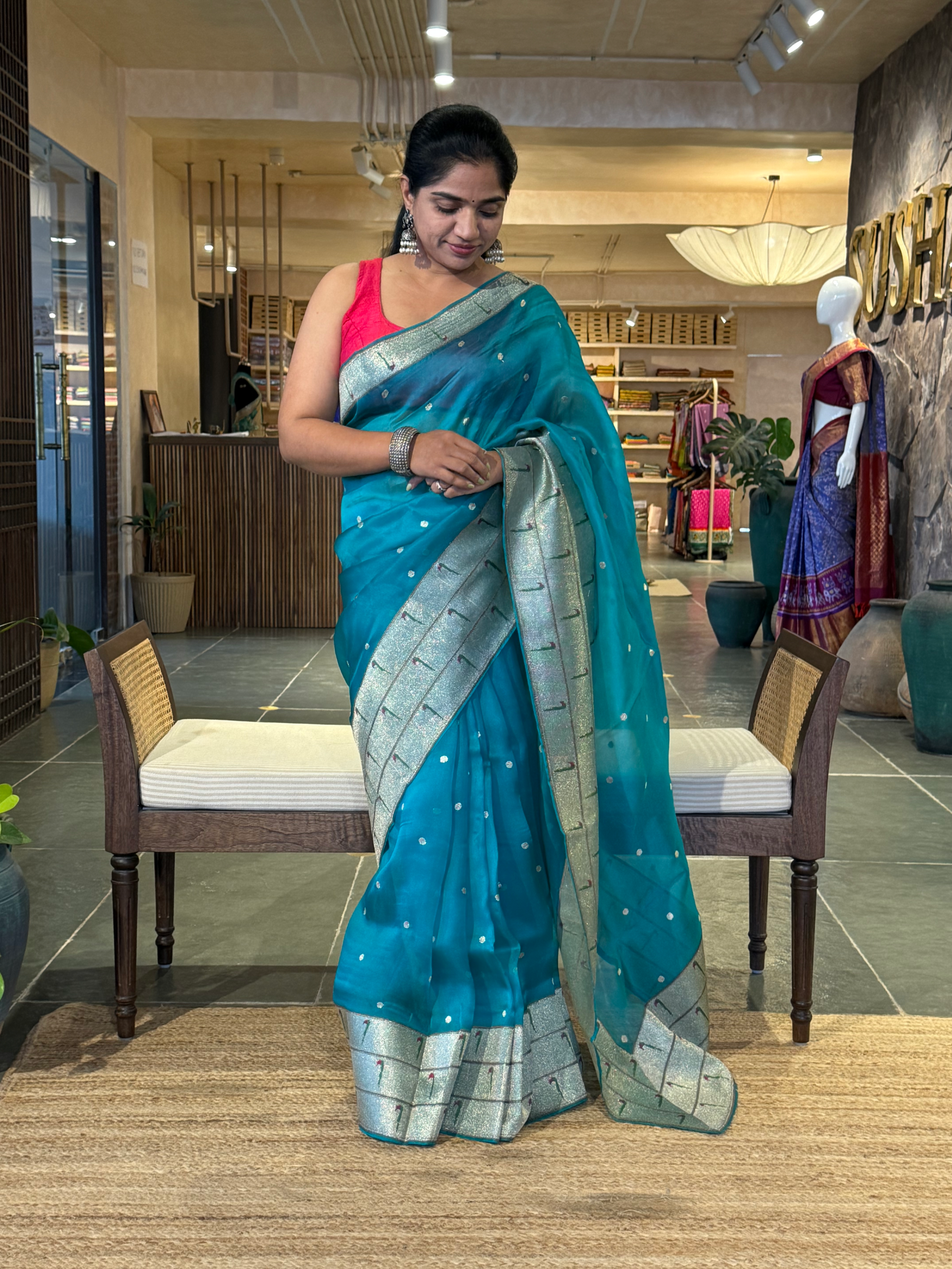 Peacock Blue Pure Handloom Kora Silk and Pythani Fusion Saree