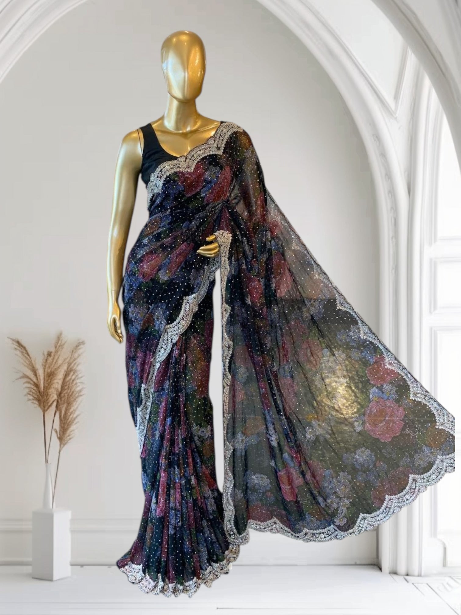 Gorgette printed Saree  with handwork scalloped borders