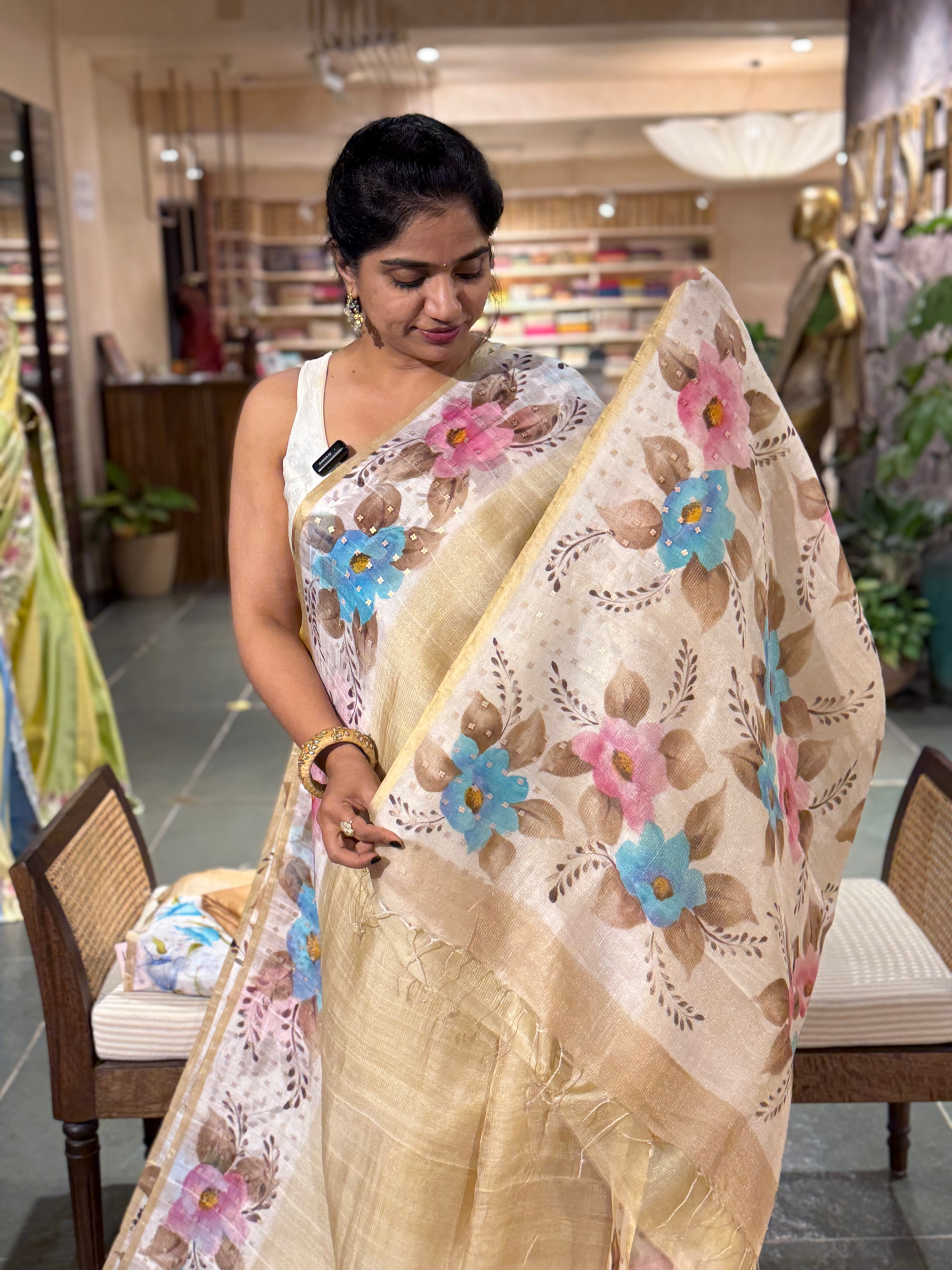 Tussar Kota Tissue Saree with Handpainted Muslin Border and Pallu