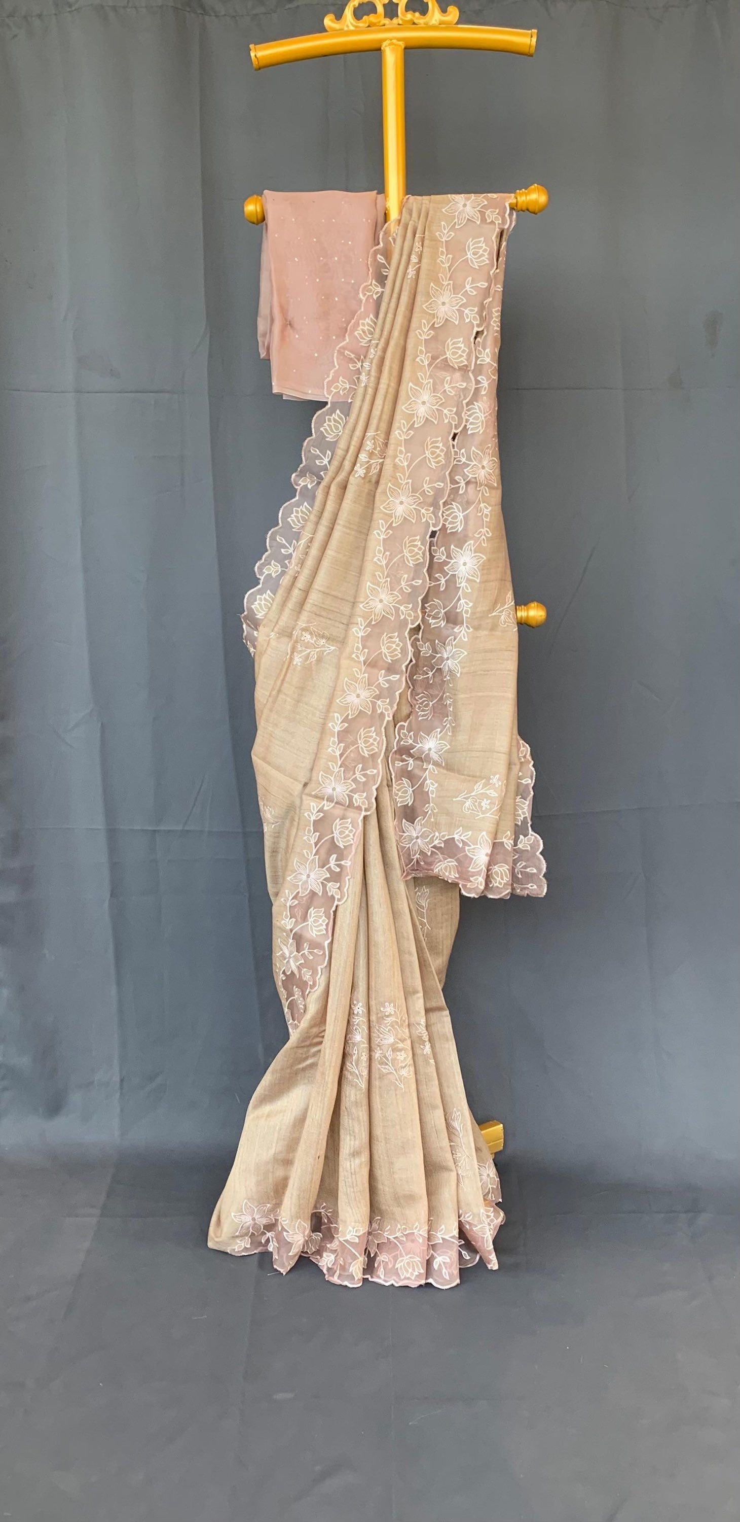Pure handloom Tussar Designer Saree with Organza Applique Cutwork Border