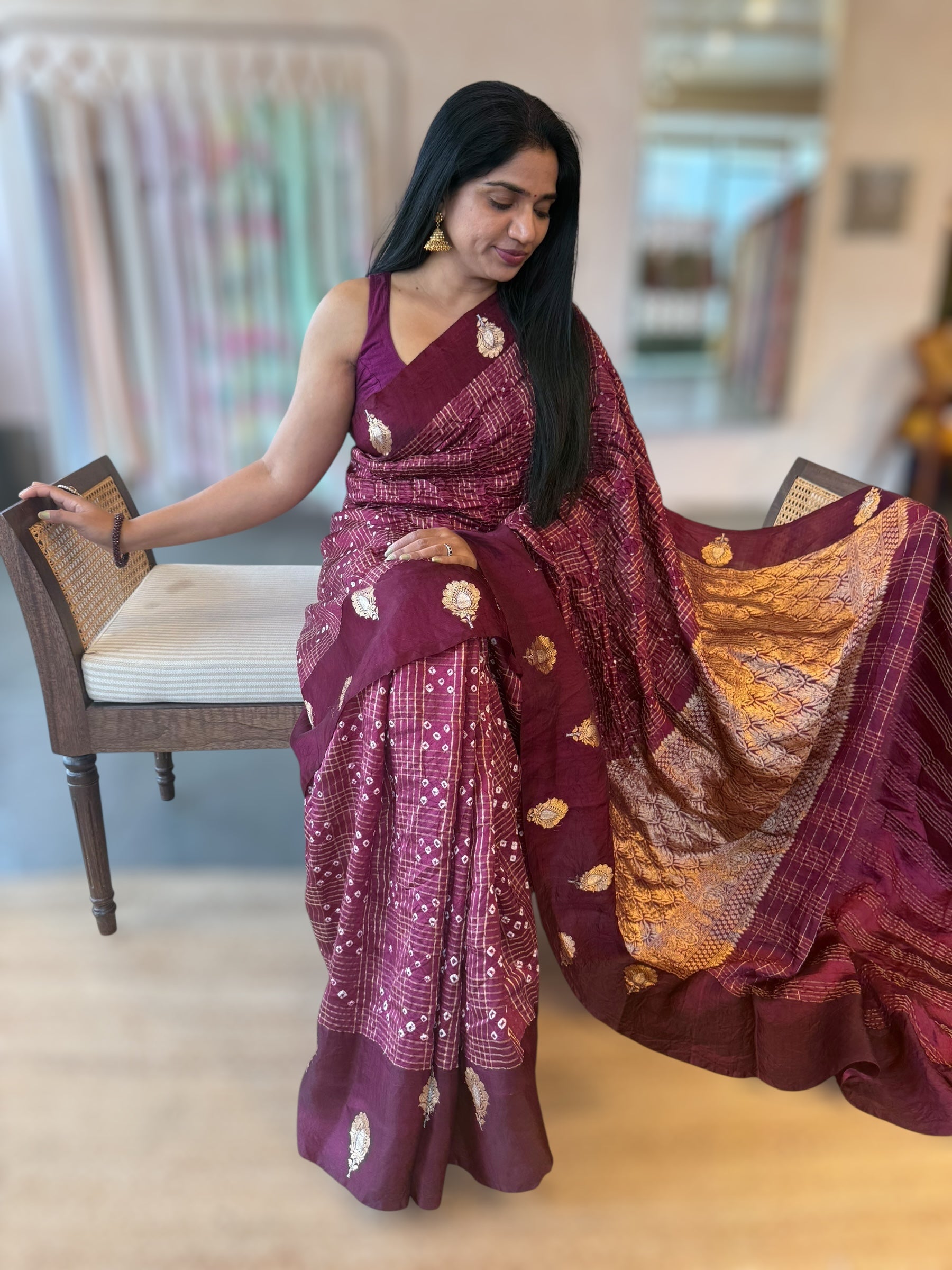 Wine Banarasi Bandhej Silk Saree With Kaduwa Woven Open Mashru Borders