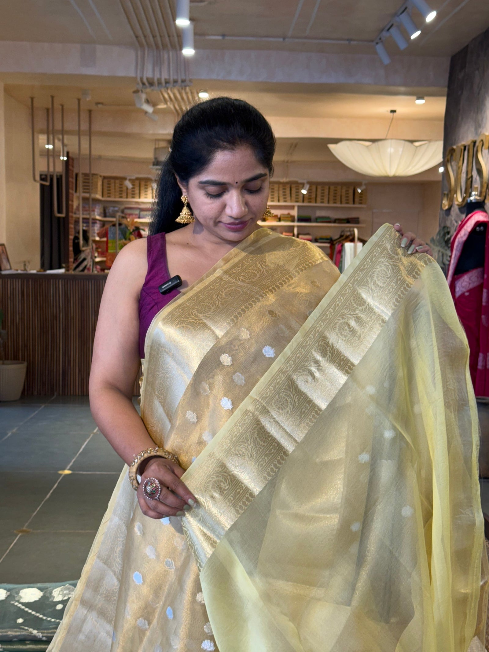 WDTSH : Pastel Yellow Banarasi Tissue Saree with Gold based Tissue
