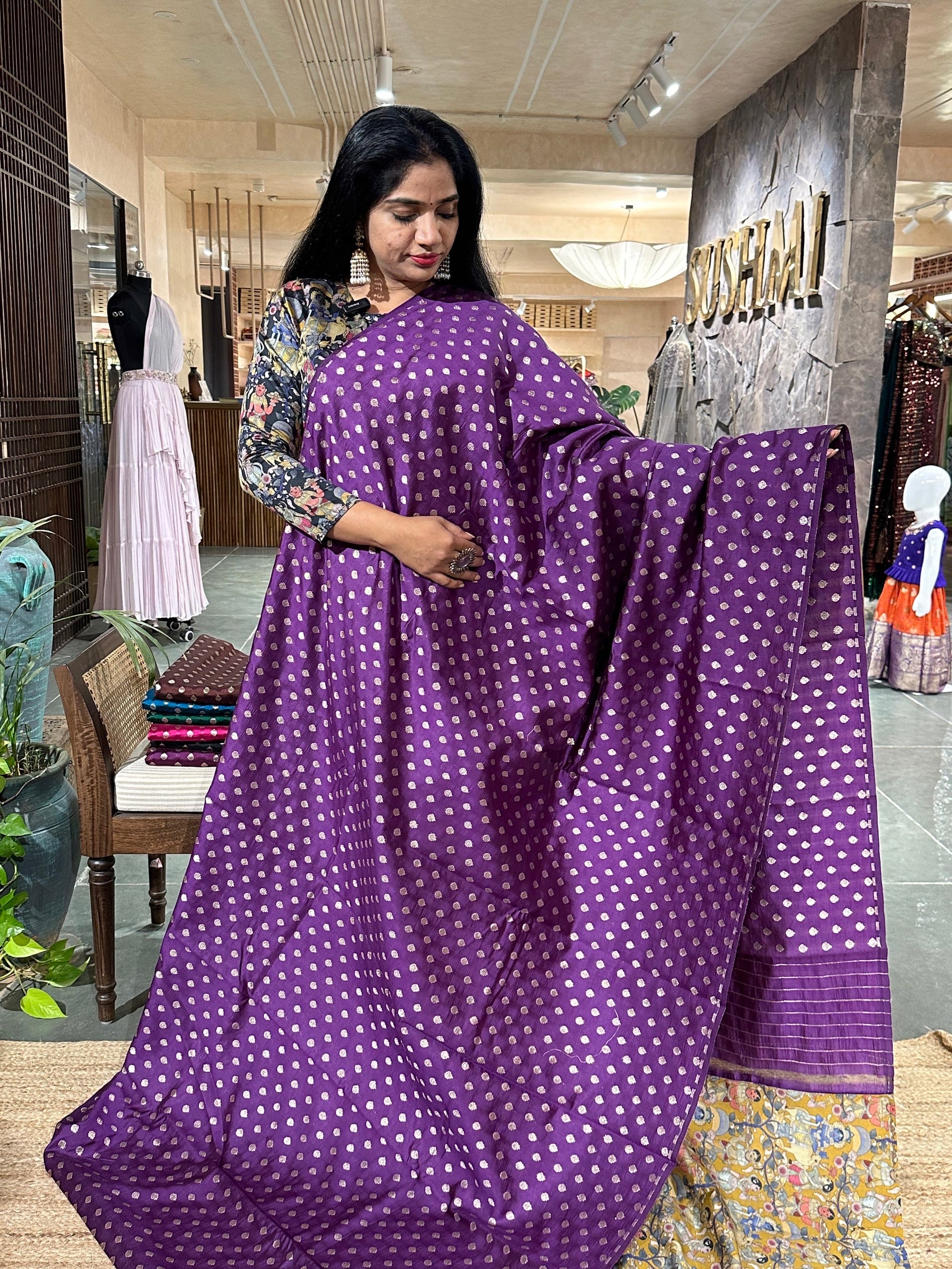 Banarasi chinia silk with krishna theme pallu-purple and mustard combo
