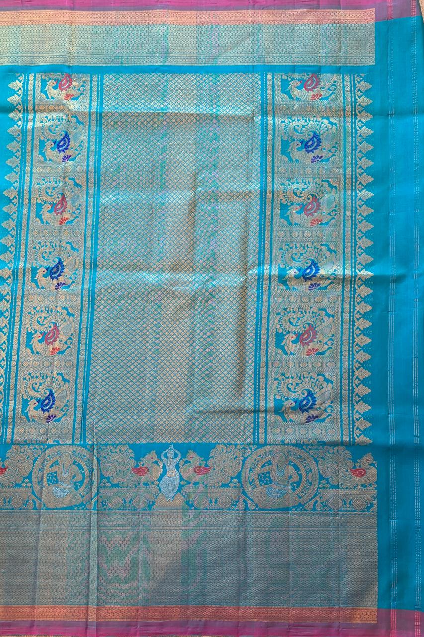 Copper sulphate Blue Pure Handloom Gadwal Saree Turning Borders