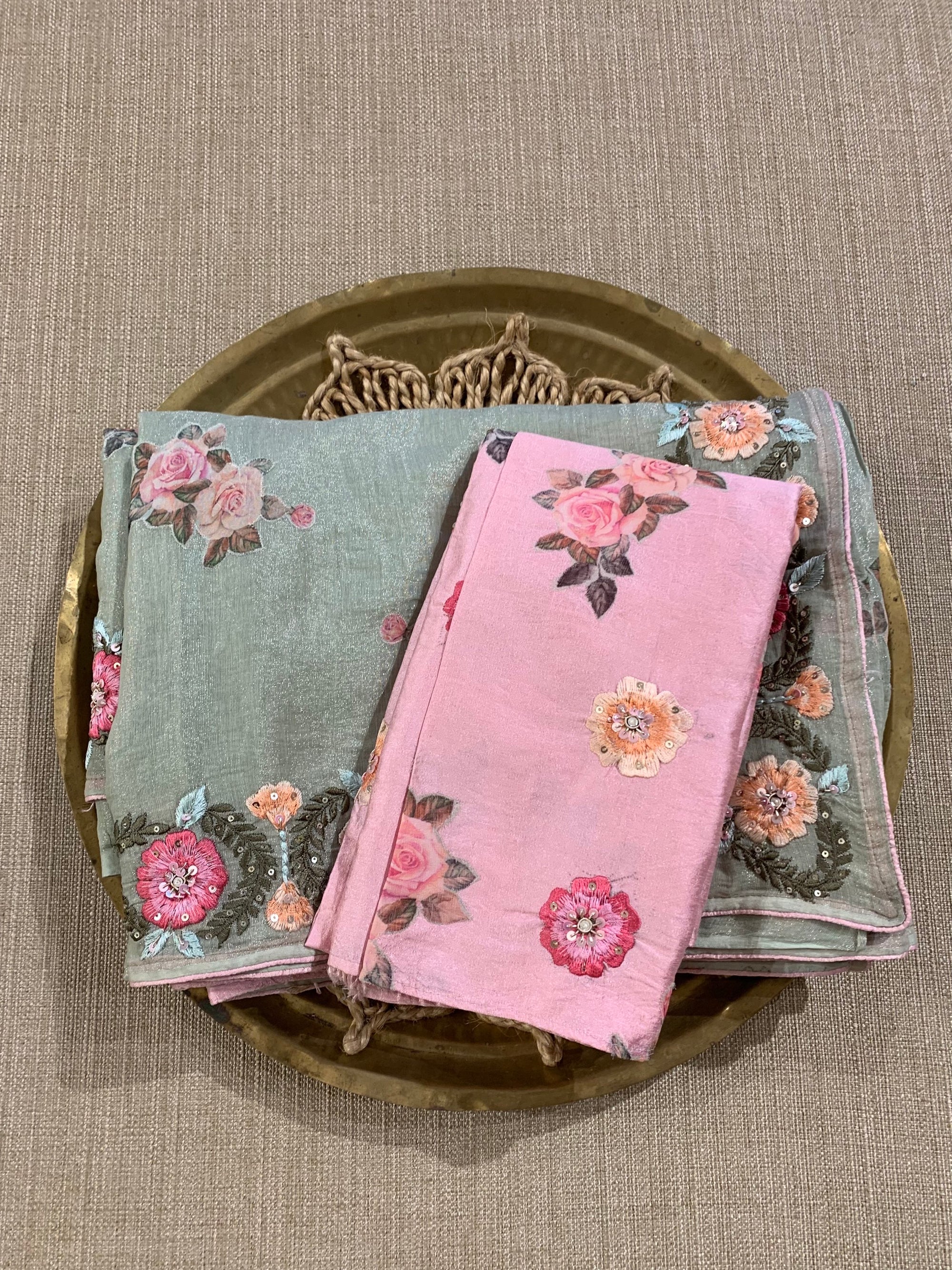 Pista Green Cotton Tissue Saree with allover floral bunches applique work