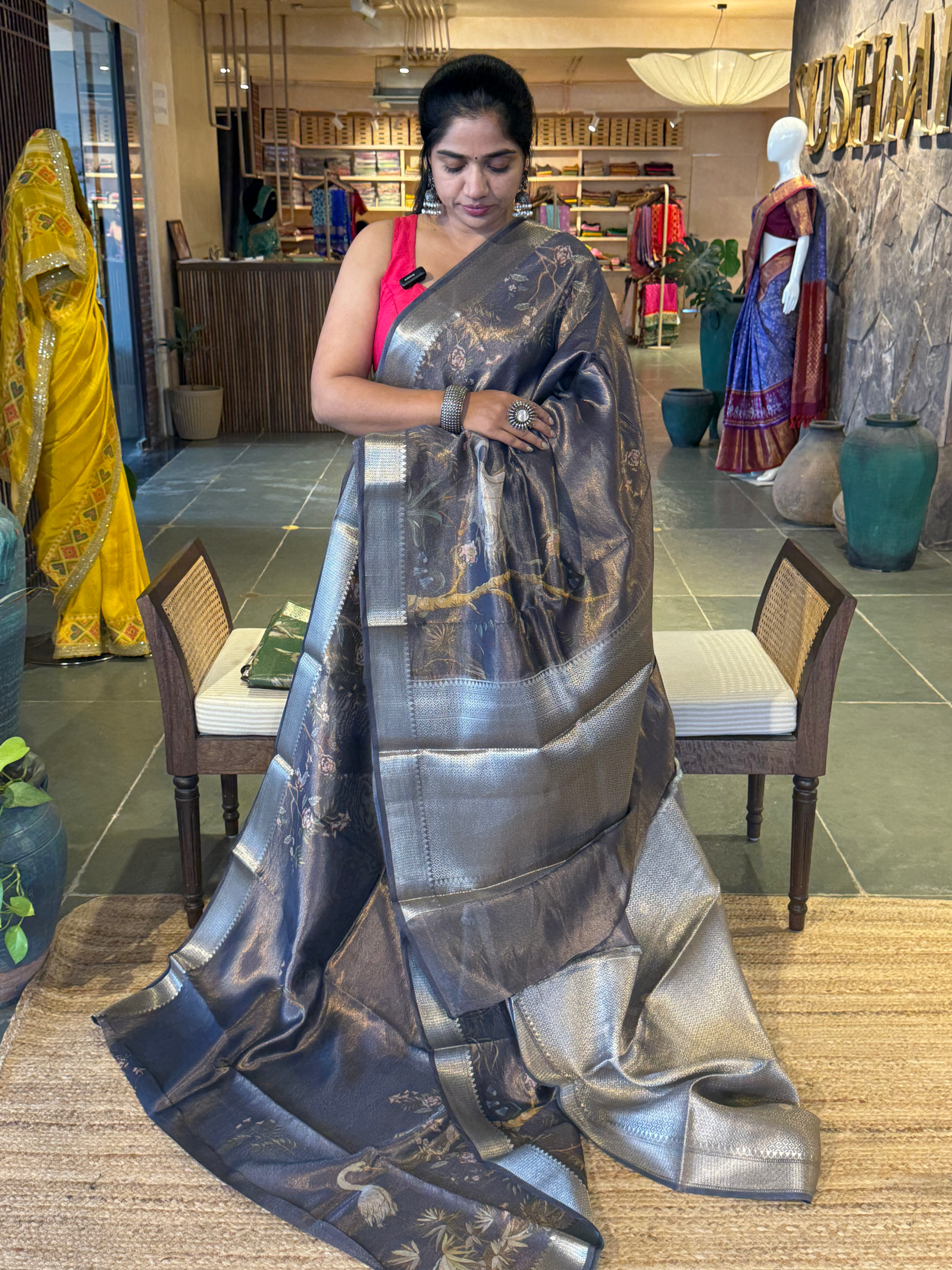 Midnight Blue Brown Banarasi Floral Printed Cotton with brocade pallu &  blouse