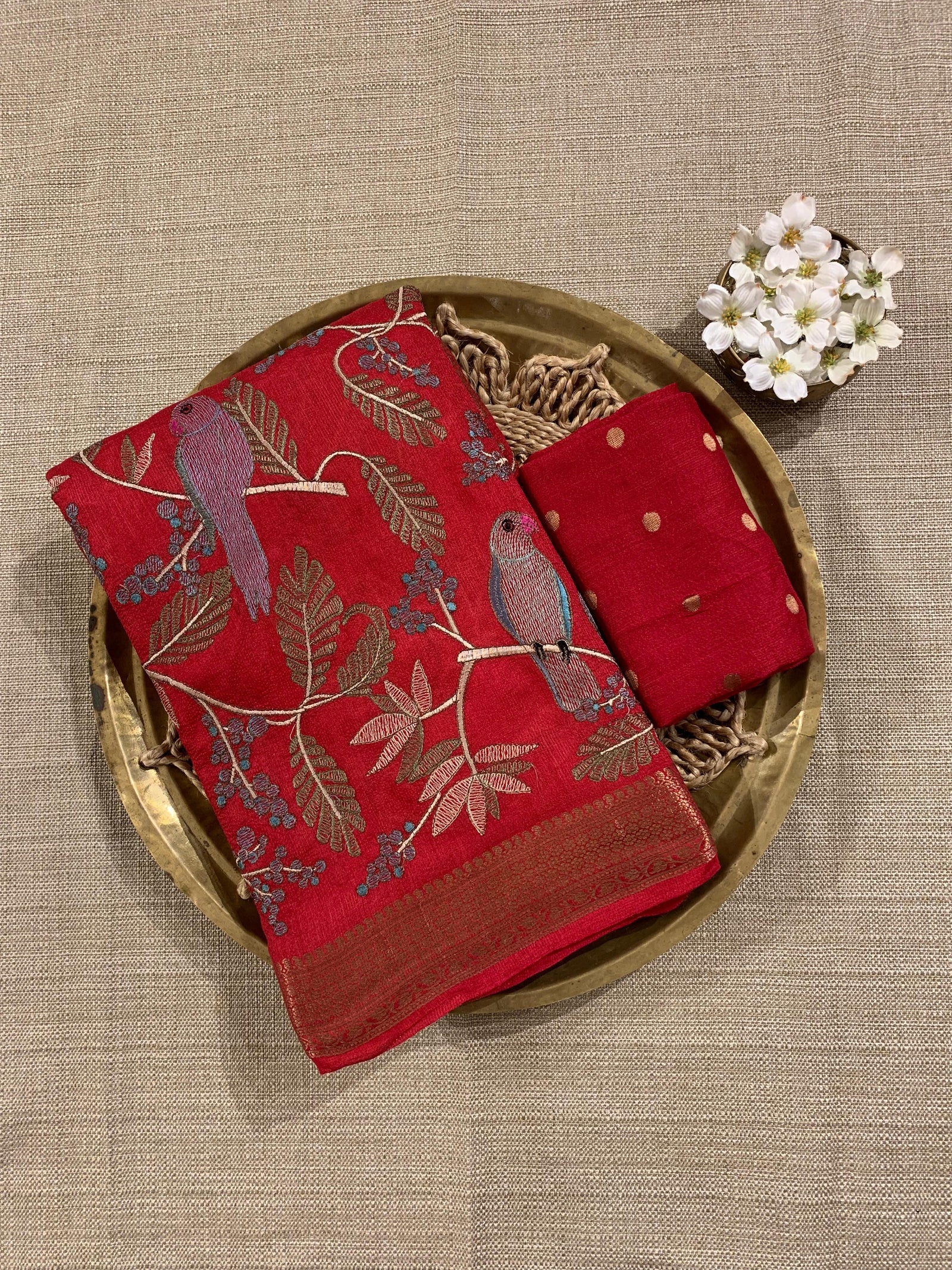 SMSEA115 Dark Red Pure Handloom Munga Silk Saree with allover  Embroidery