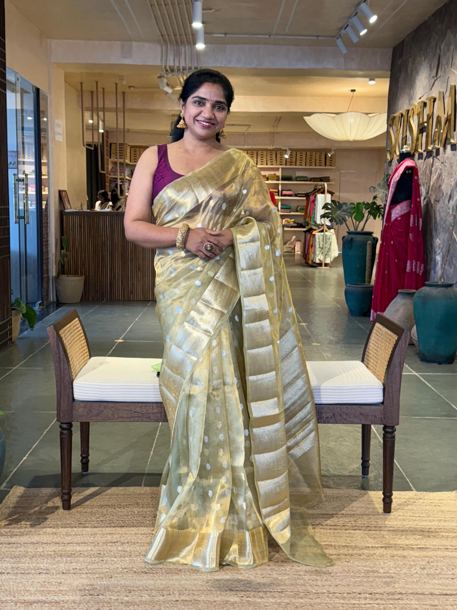 WDTSH :  Light Apple Green Banarasi Tissue Saree with Gold based Tissue
