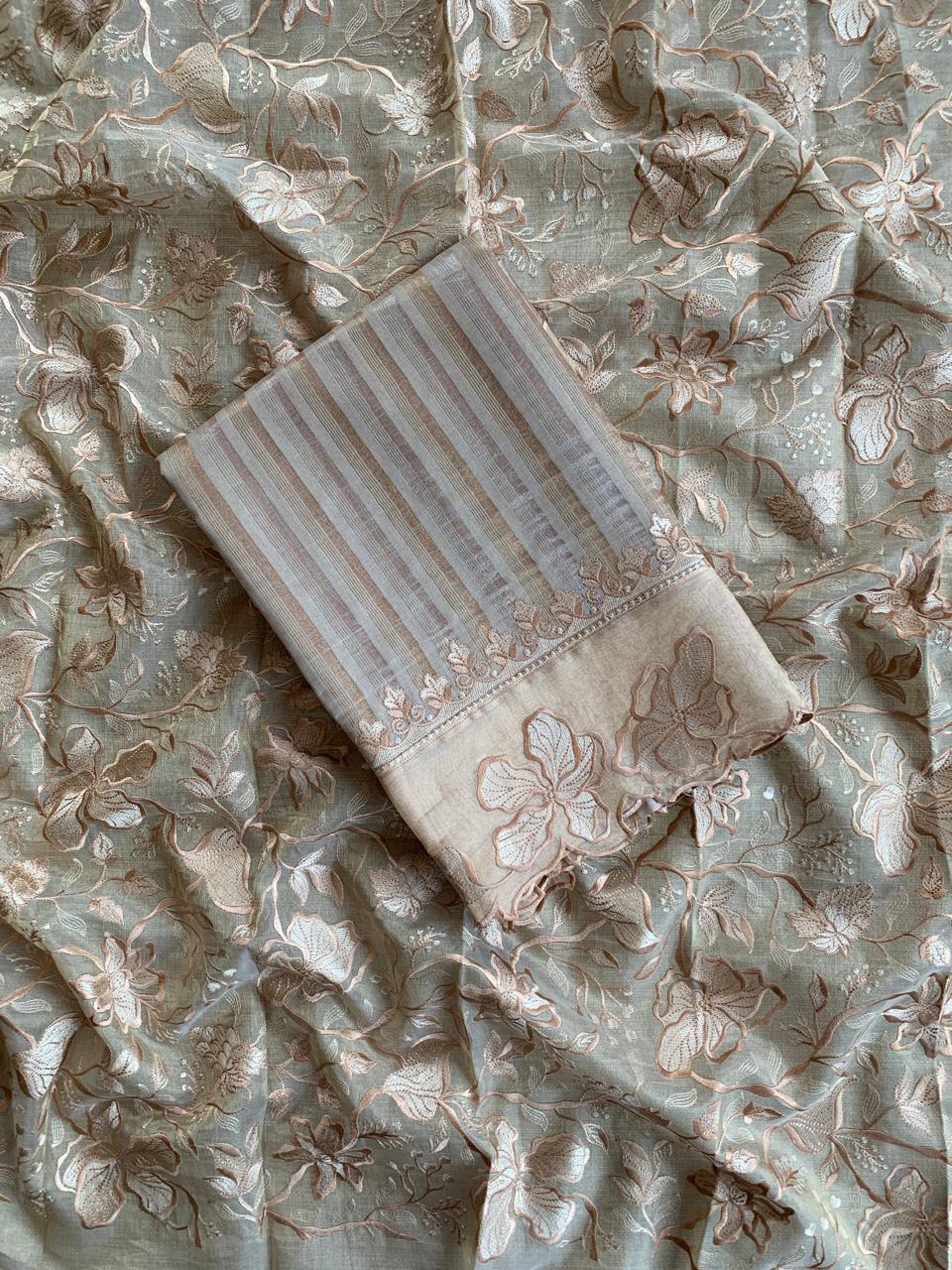 Earthy tone Mul Tissue Stripes Saree With Tissue Cutwork  Border & Blouse