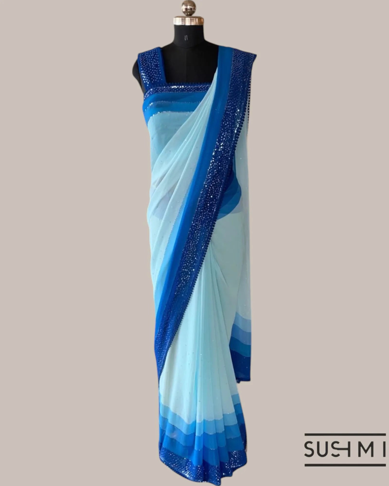 Pastel Blue Pure Gorgette Saree With Shaded Sequnce Border