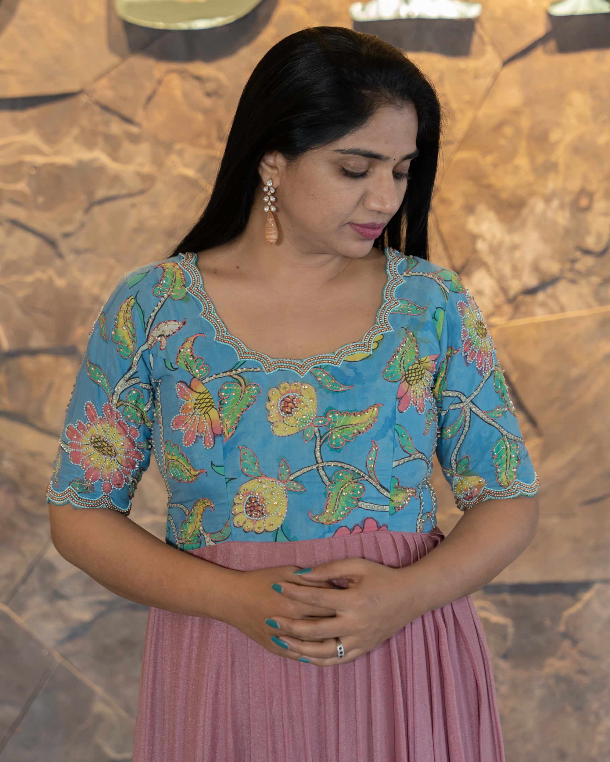 Gorgette Long Frock with Pen kalamkari Handwork yoke