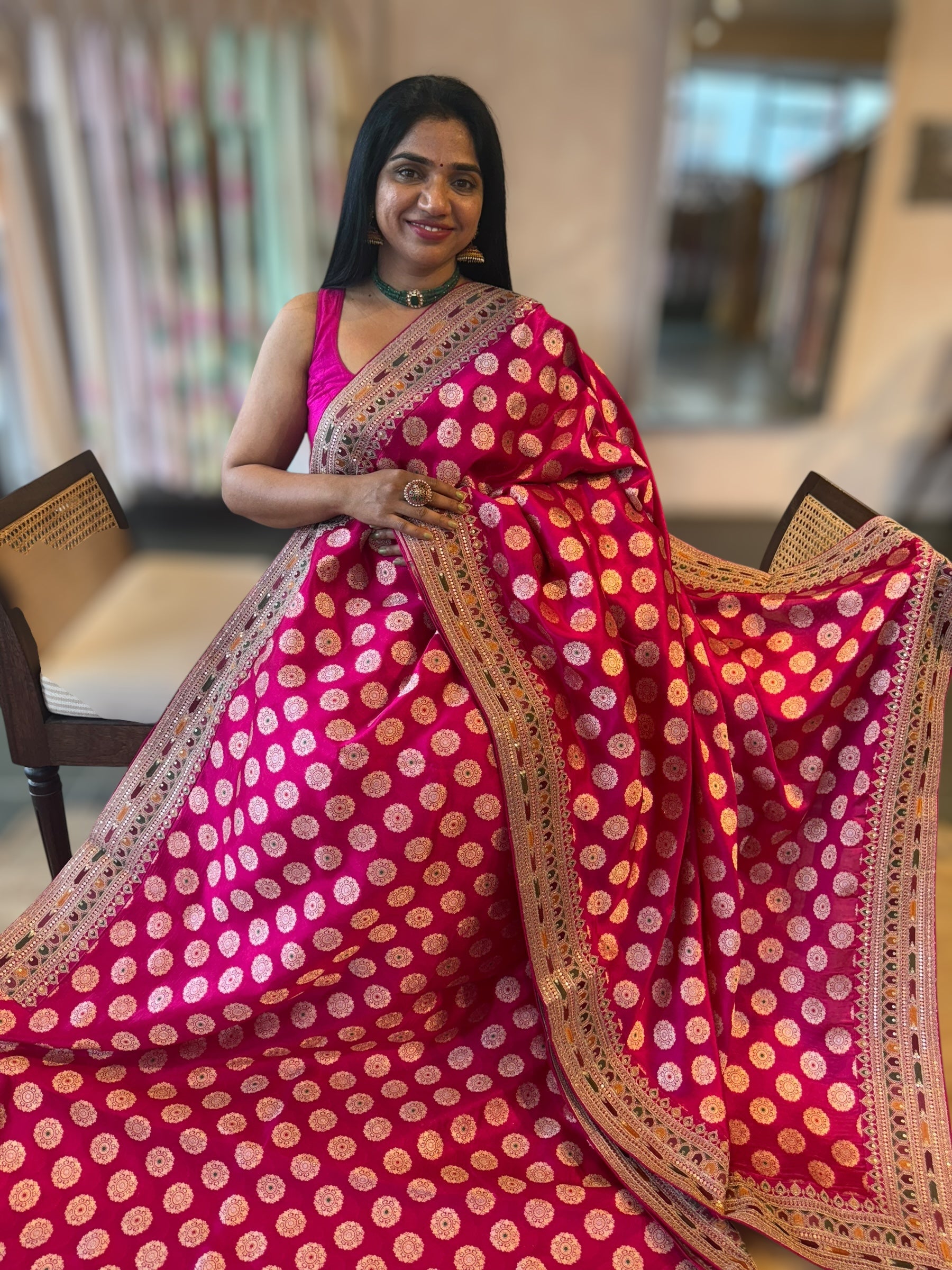 Rani Pink Banarasi Silk Saree  wth Chakra Meenakari Motifs & Sabhyasachi Borders