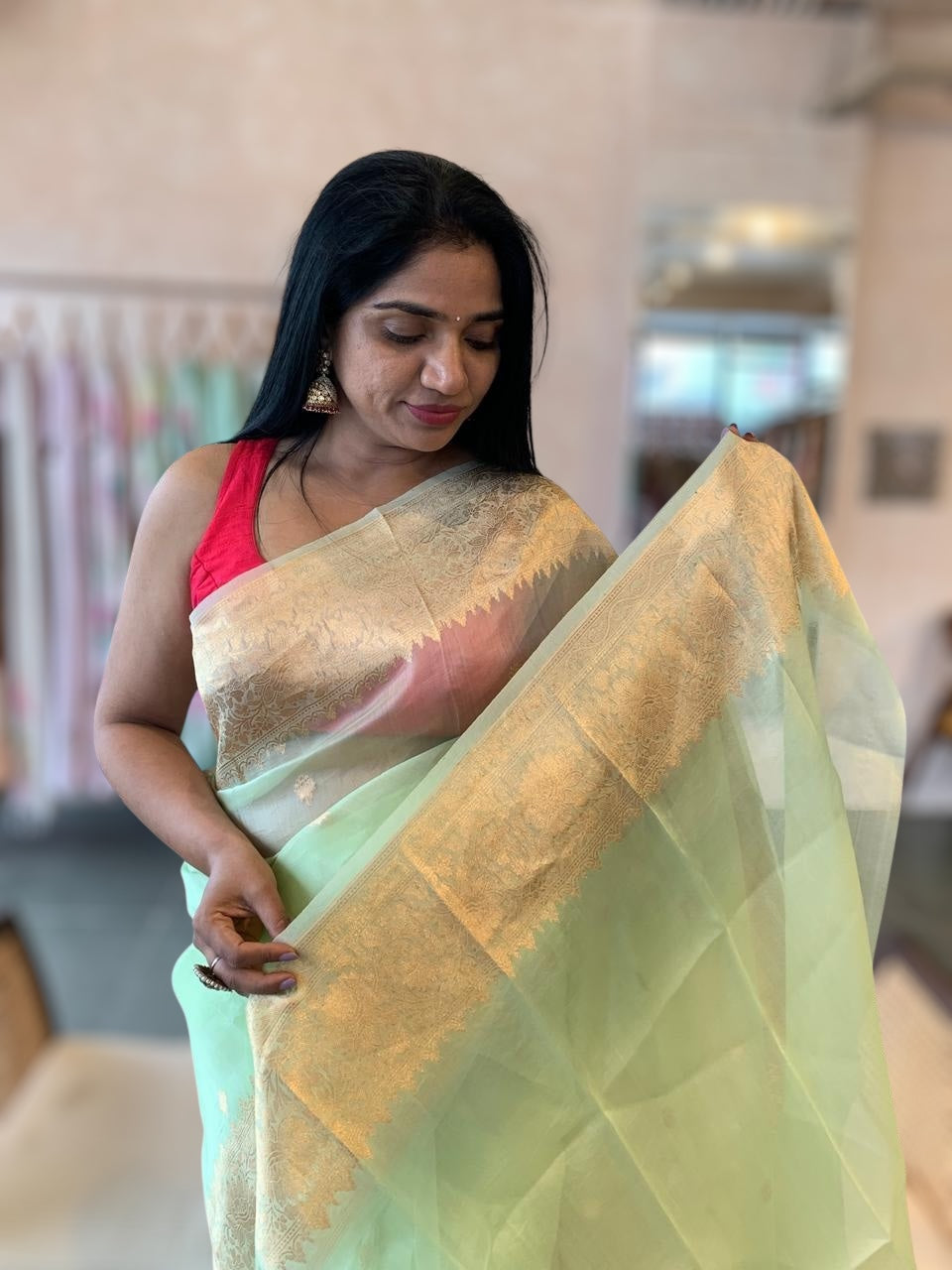 Light Apple Green Kora Banarasi Handloom Saree With Kaduwa Woven Motifs