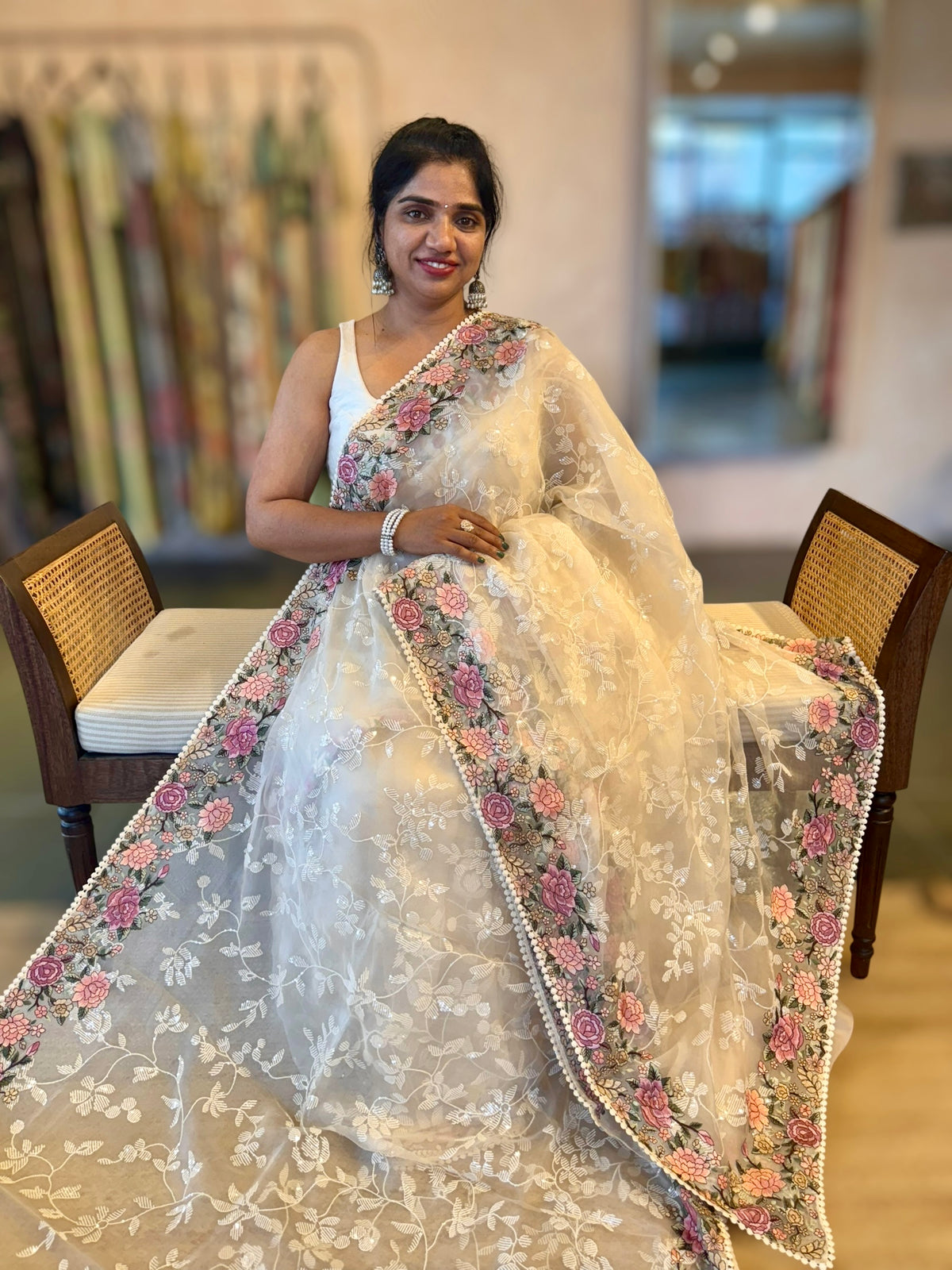 Ivory Organza Saree with Allover Floral Sequence Work & Parsi Embroidered Border