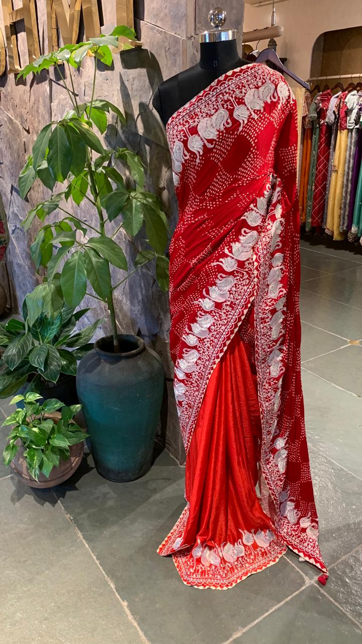 Pure Gajji Silk Rai Bandhej Saree in half and half style with Swan embroidery
