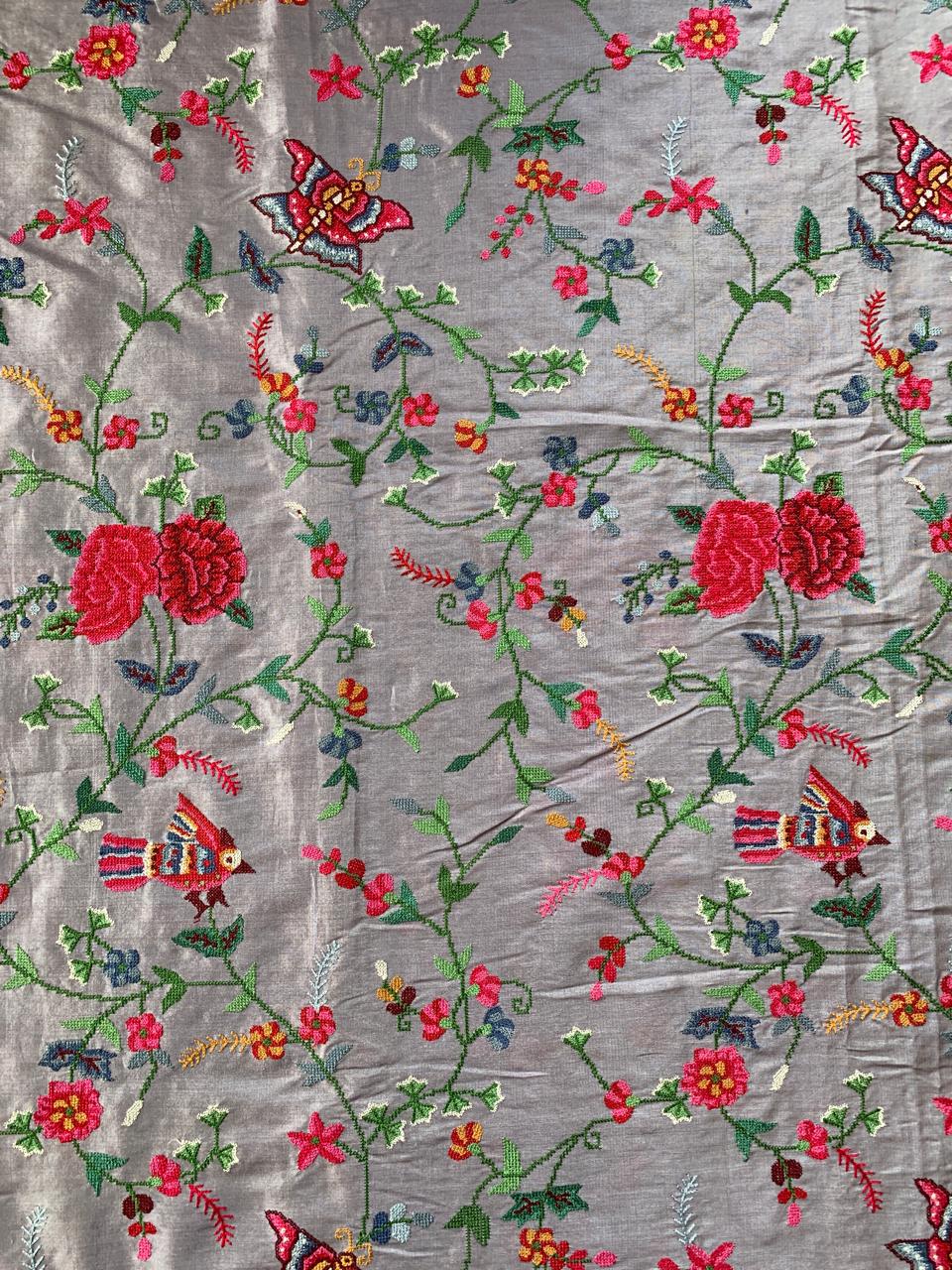 Tussar Saree With Petite Point Embroidered body & Hand lucknowi border & Pallu