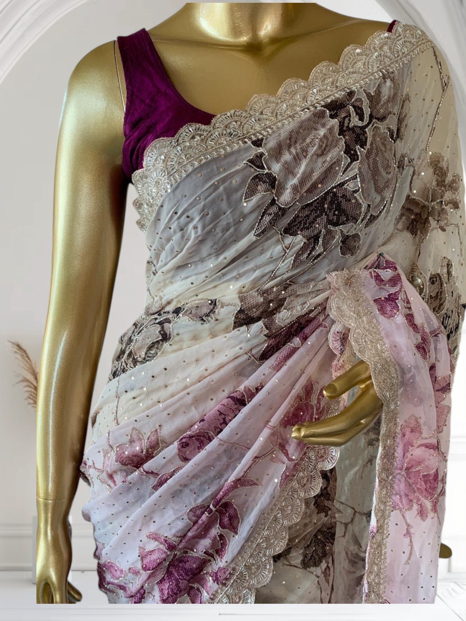 Shaded Gorgette printed Saree  with handwork borders and allover handwork