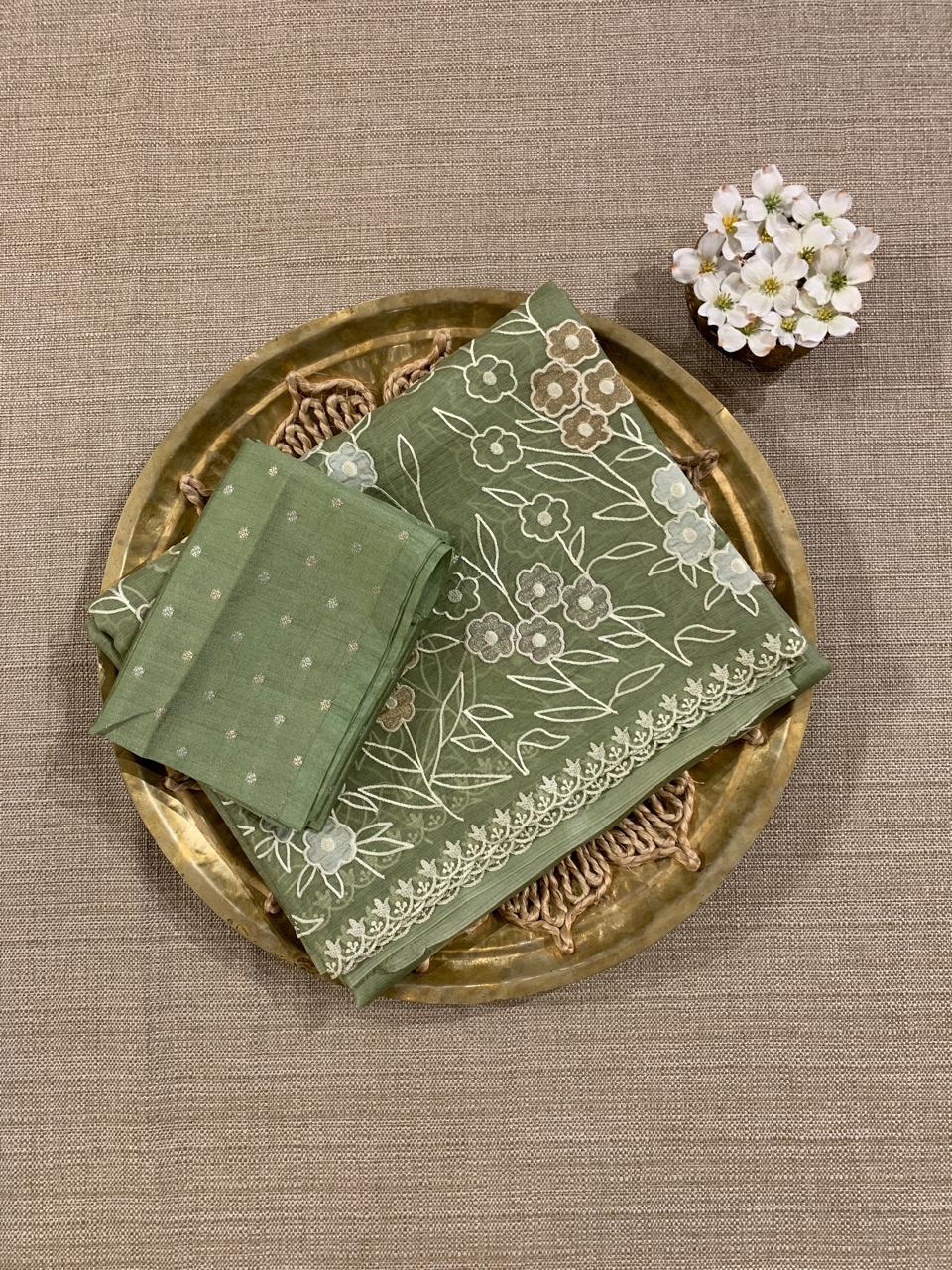 Olive Organza Applique work Saree