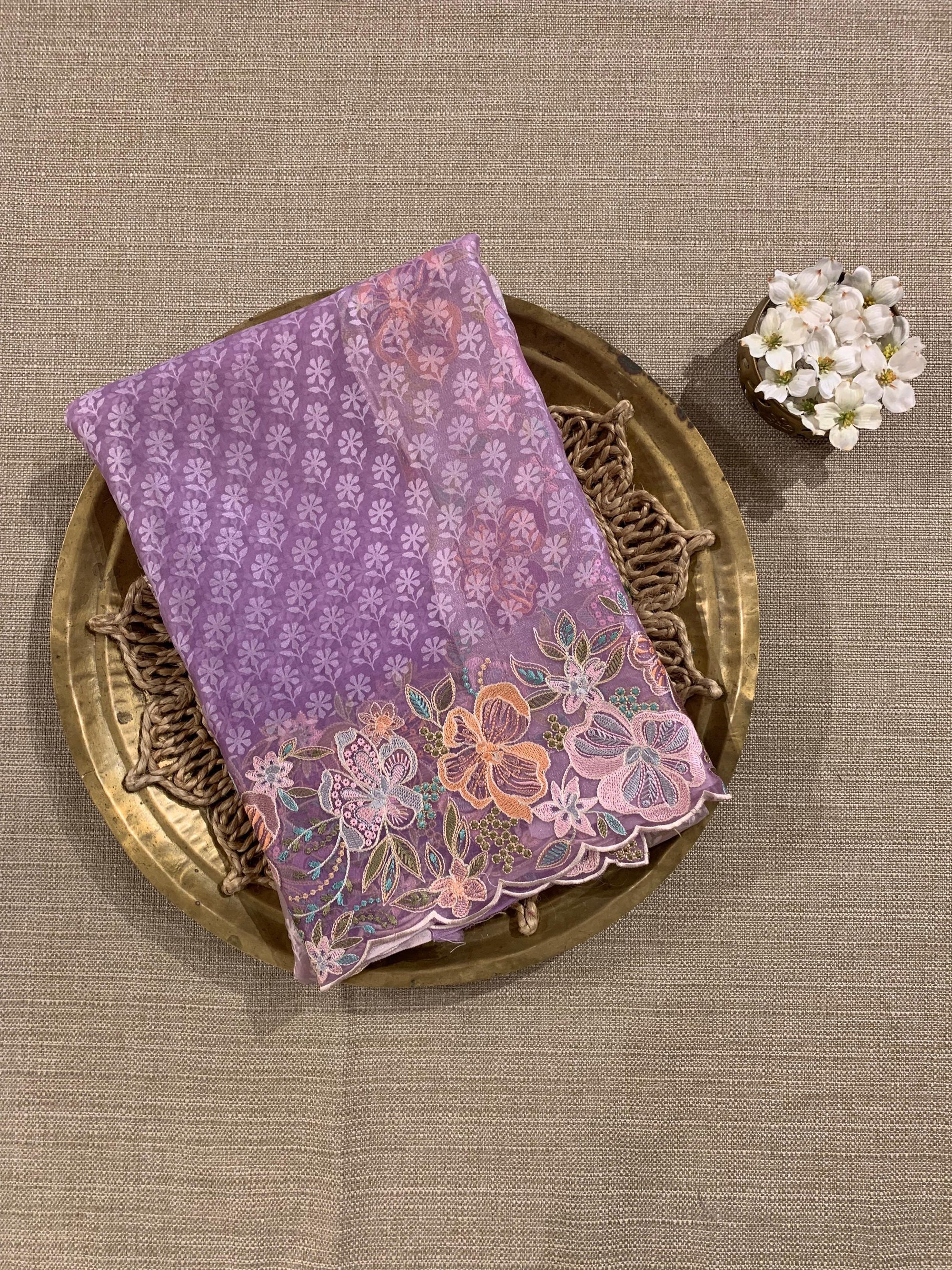 Lilac Pure Organza Brasso Saree with Stunning Embroidered Border and Blouse