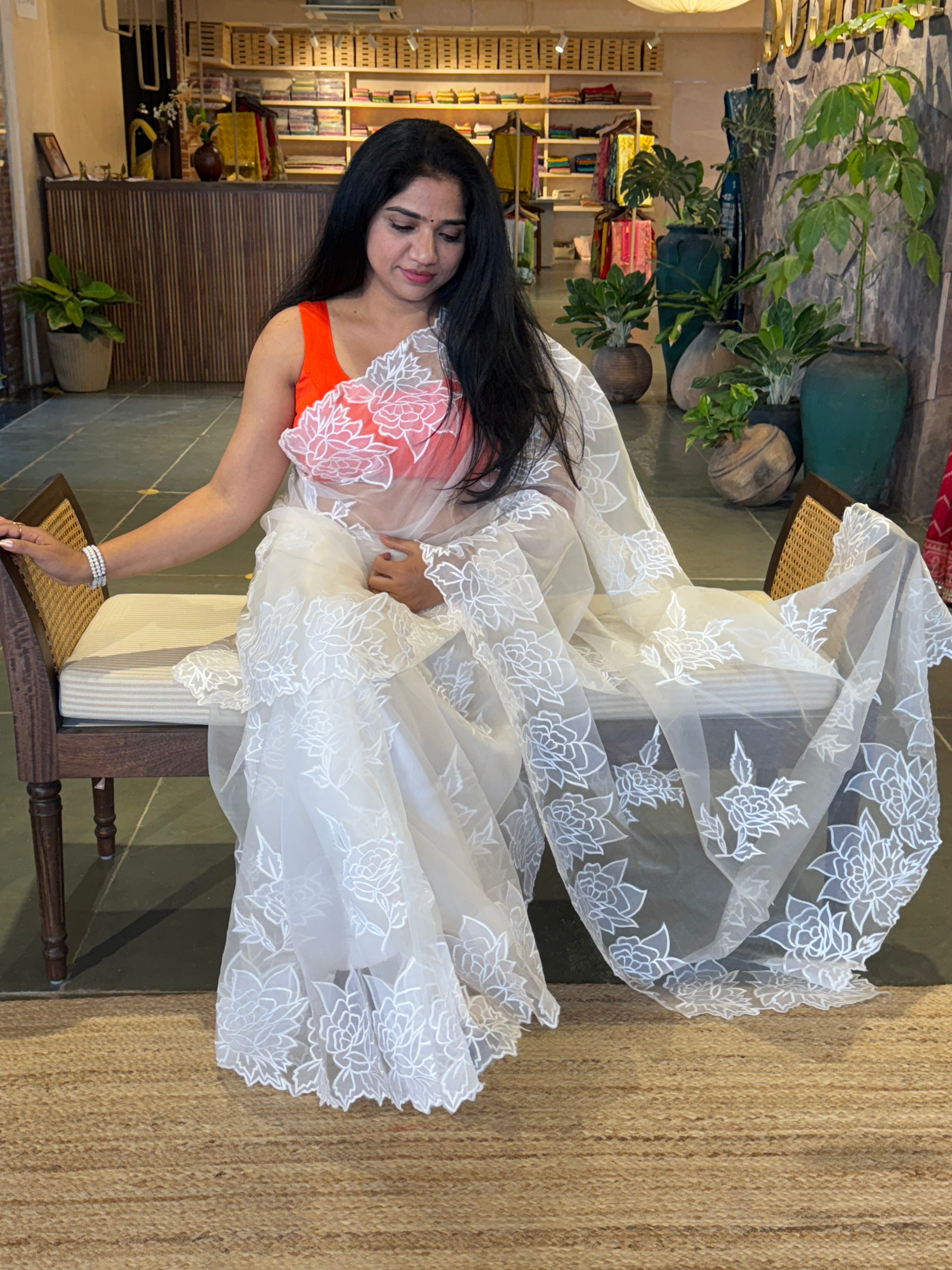 OROSEV1902 : White Organza Saree with Embroidered Rose Border