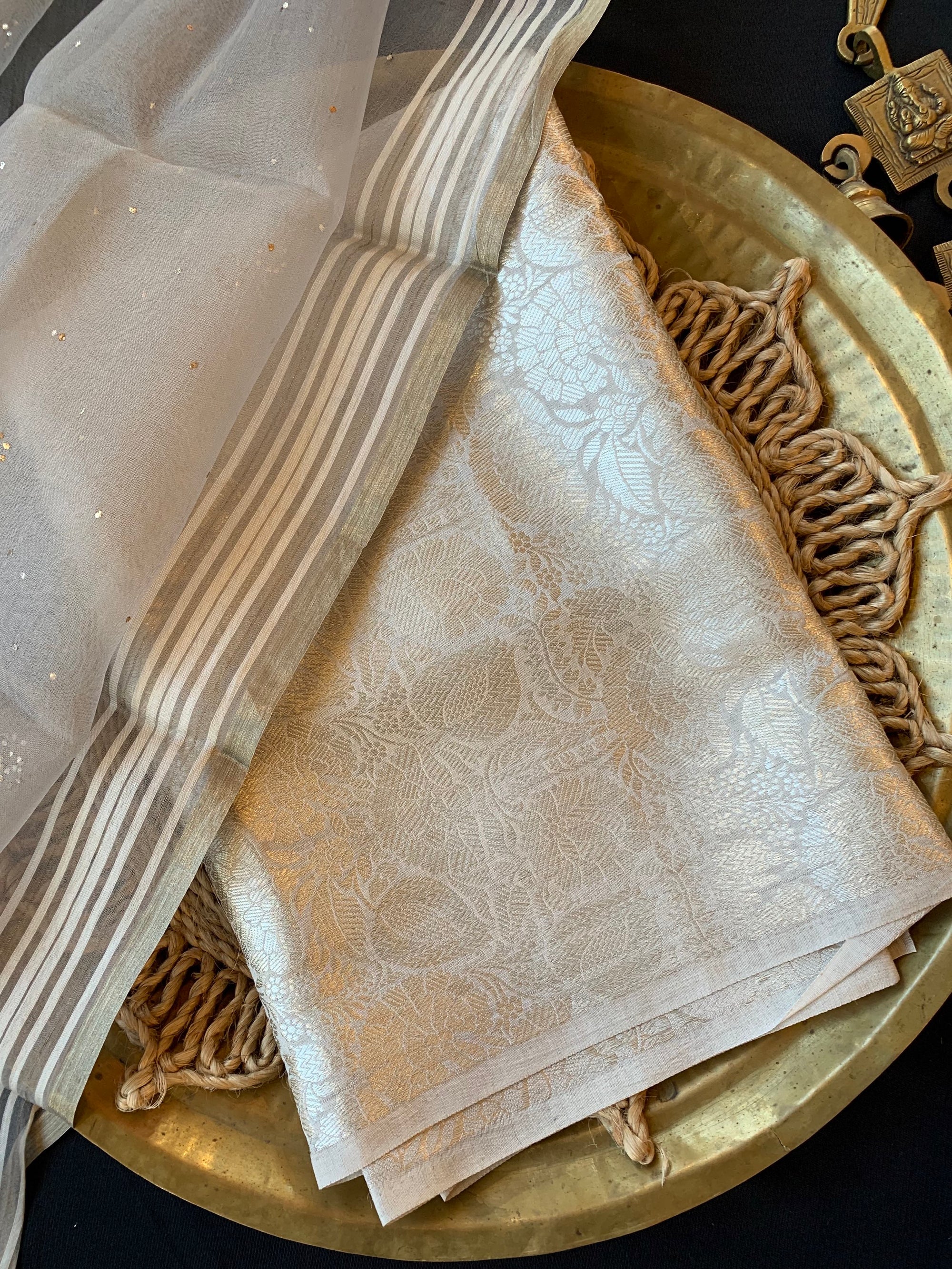 Greyish Silver  Banarasi Handloom Brocade 3 pc suit set