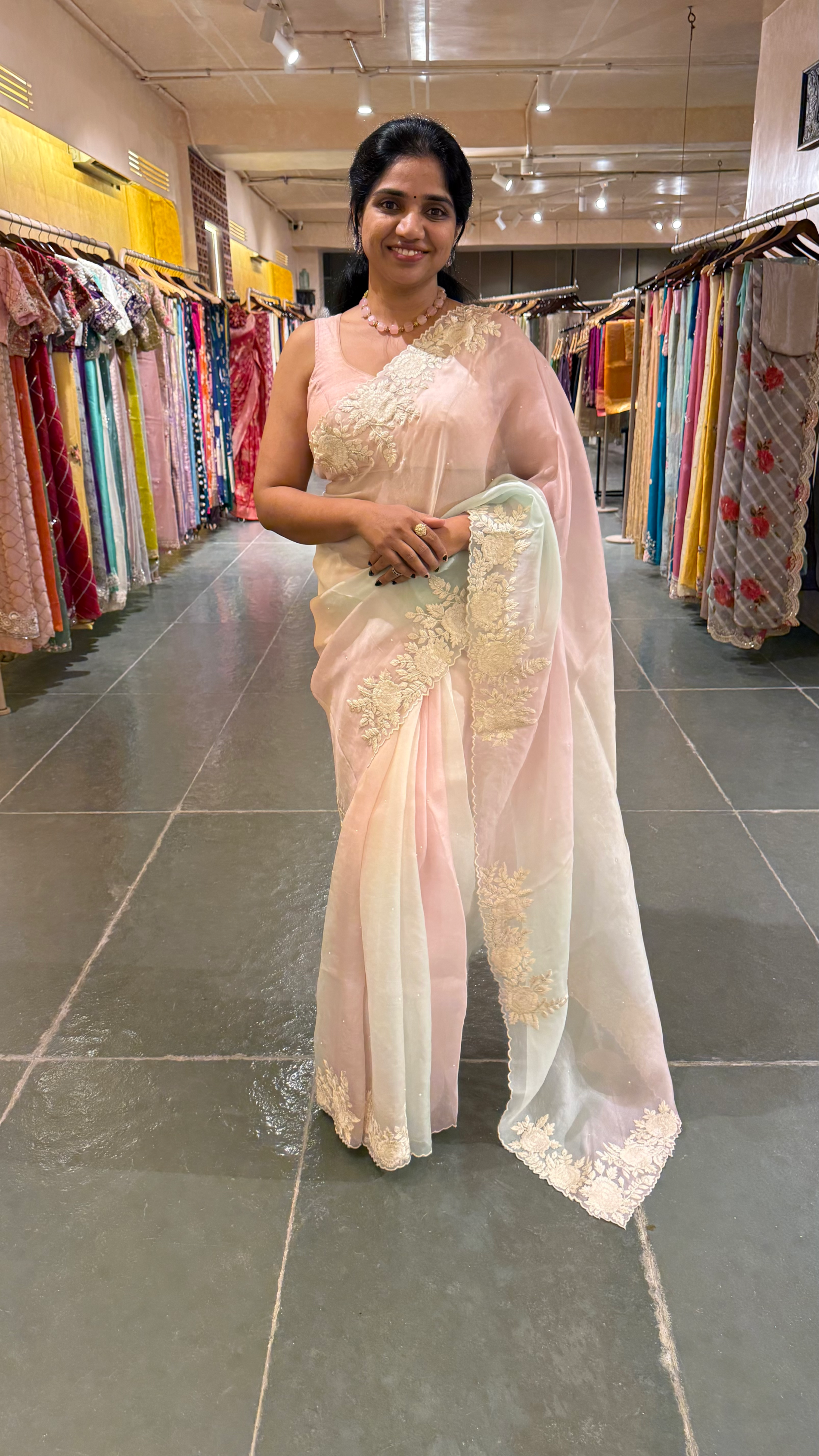 Ombre Dyed Pure Organza Silk Saree with Embroidered Borders