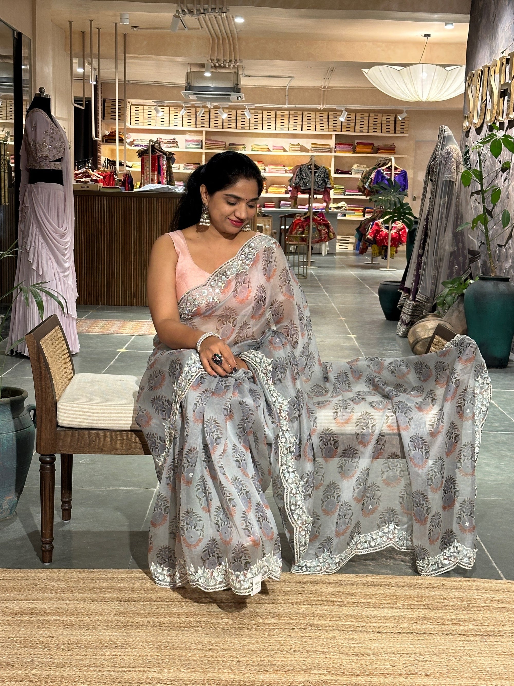 Silverish Grey Pure Organza  handwork  Saree with Sabyasachi  floral print