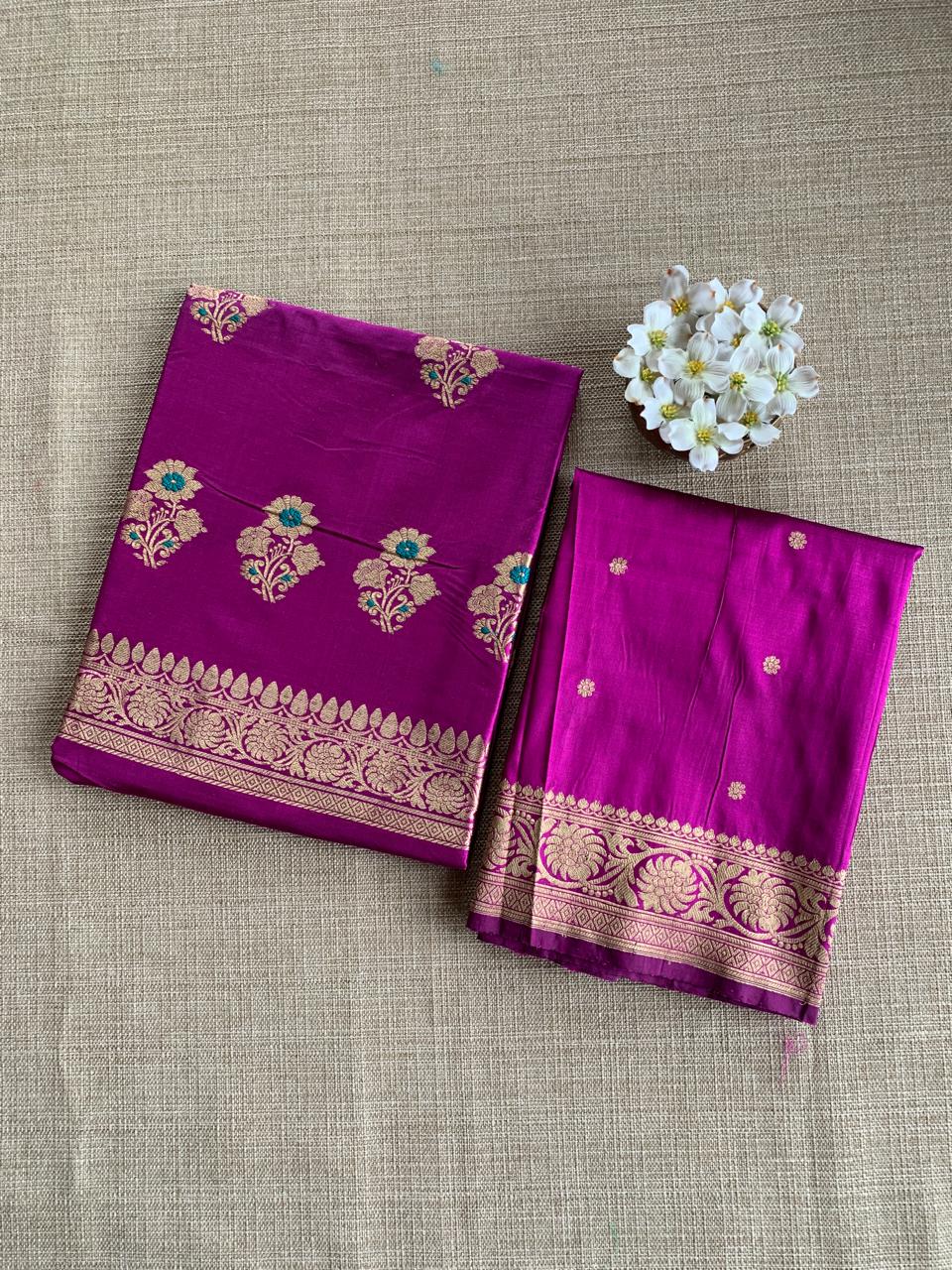 Pure Handloom Katan Silk  3 pc Suit Set with Meenakari kaduwa weaving