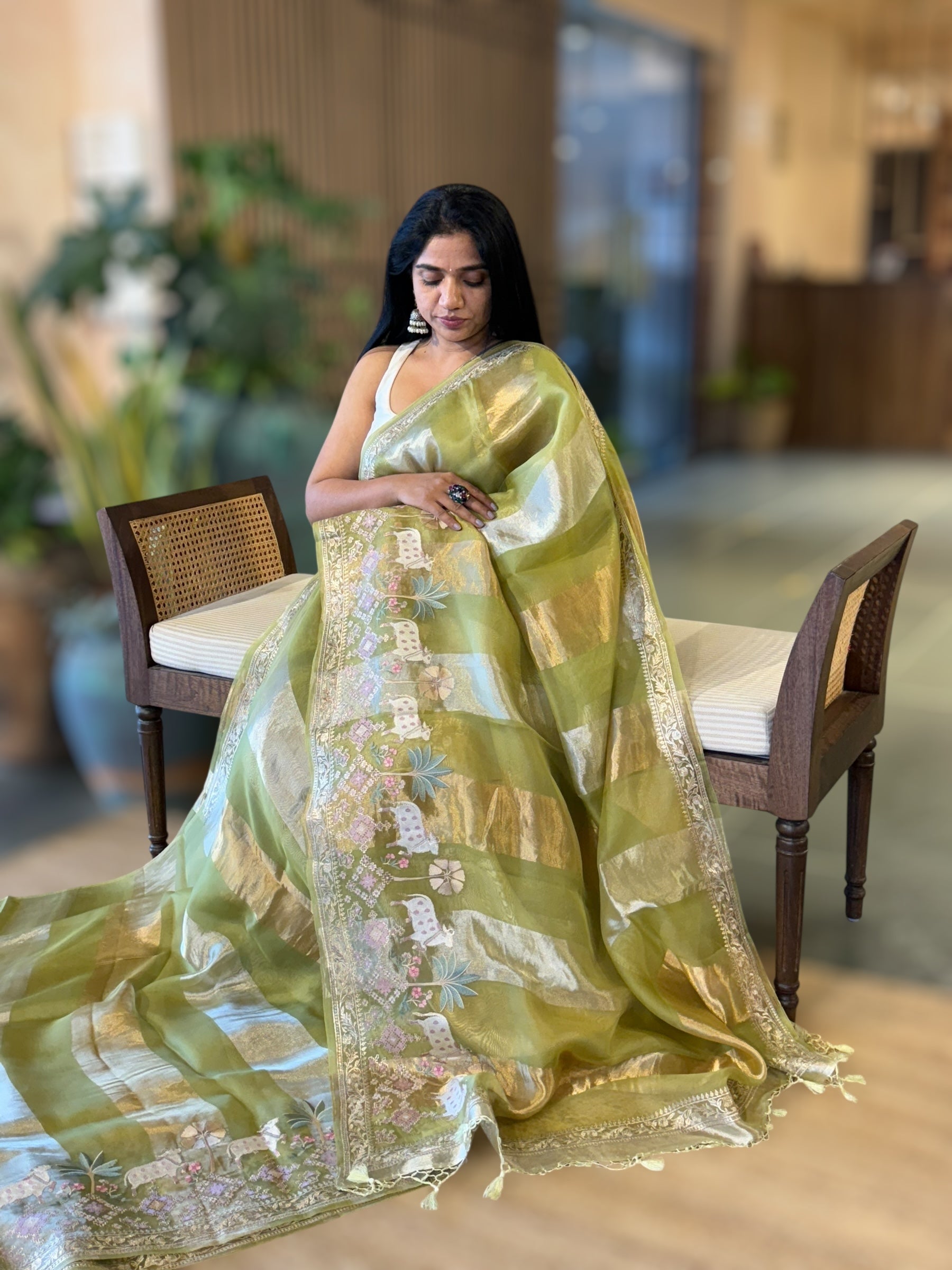 Kora Tissue Stripes Saree With Jamdani  & Pichwai embroidered Border