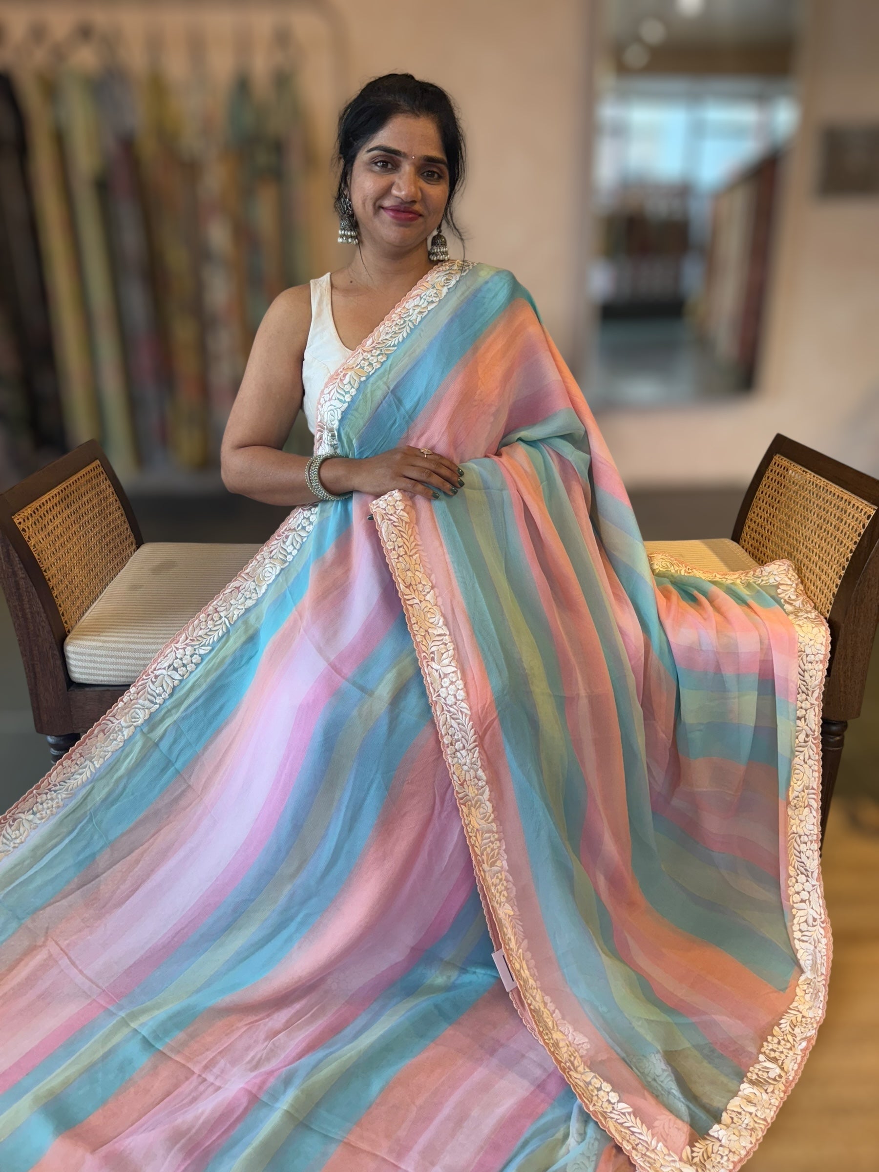 Pure Chiffon Saree with Ombre Brush dyeing & Parsi Gara Embroidered Border