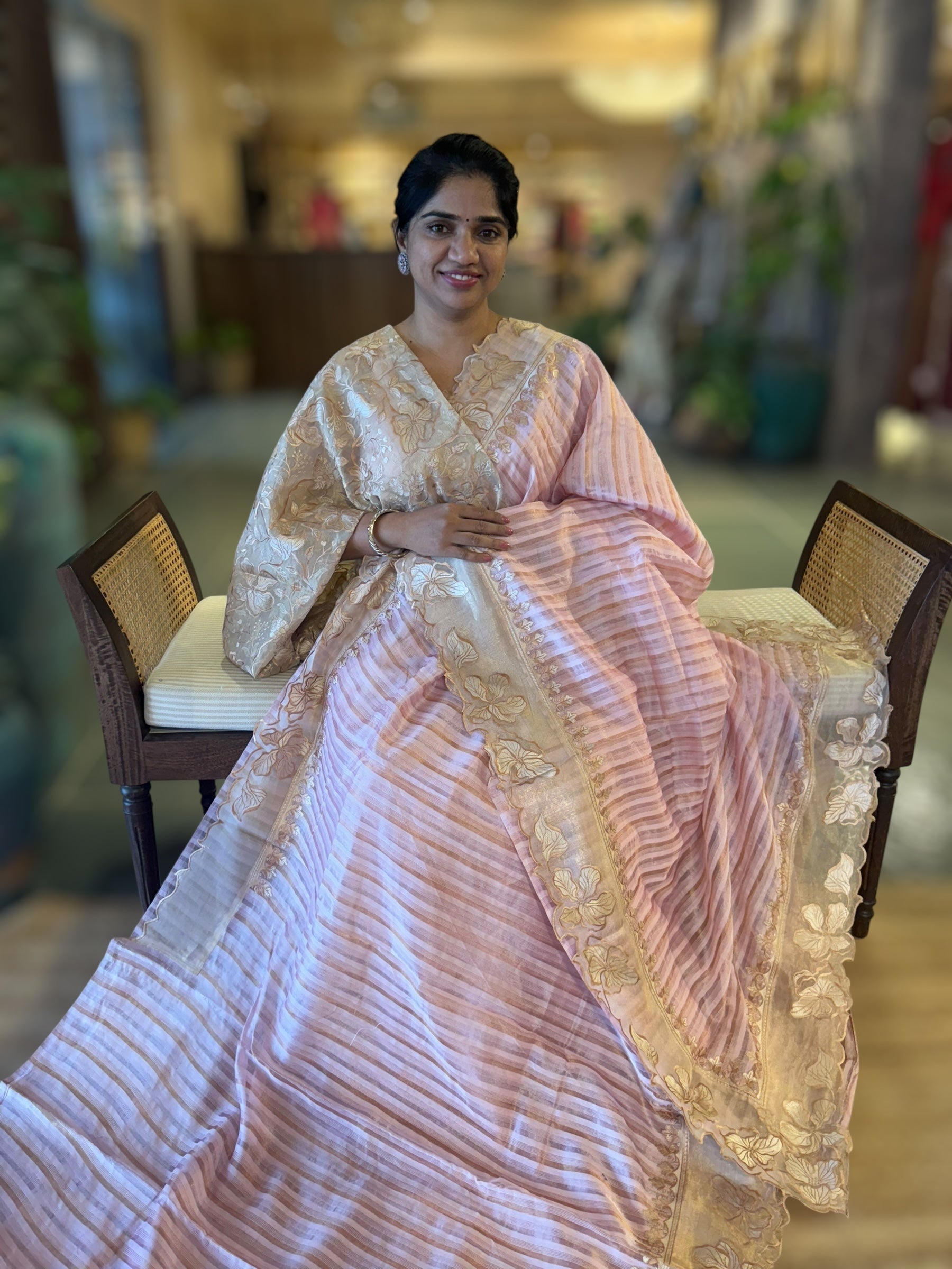 Lilac Pink Mul Tissue Stripes Saree With Tissue Cutwork  Border & Blouse