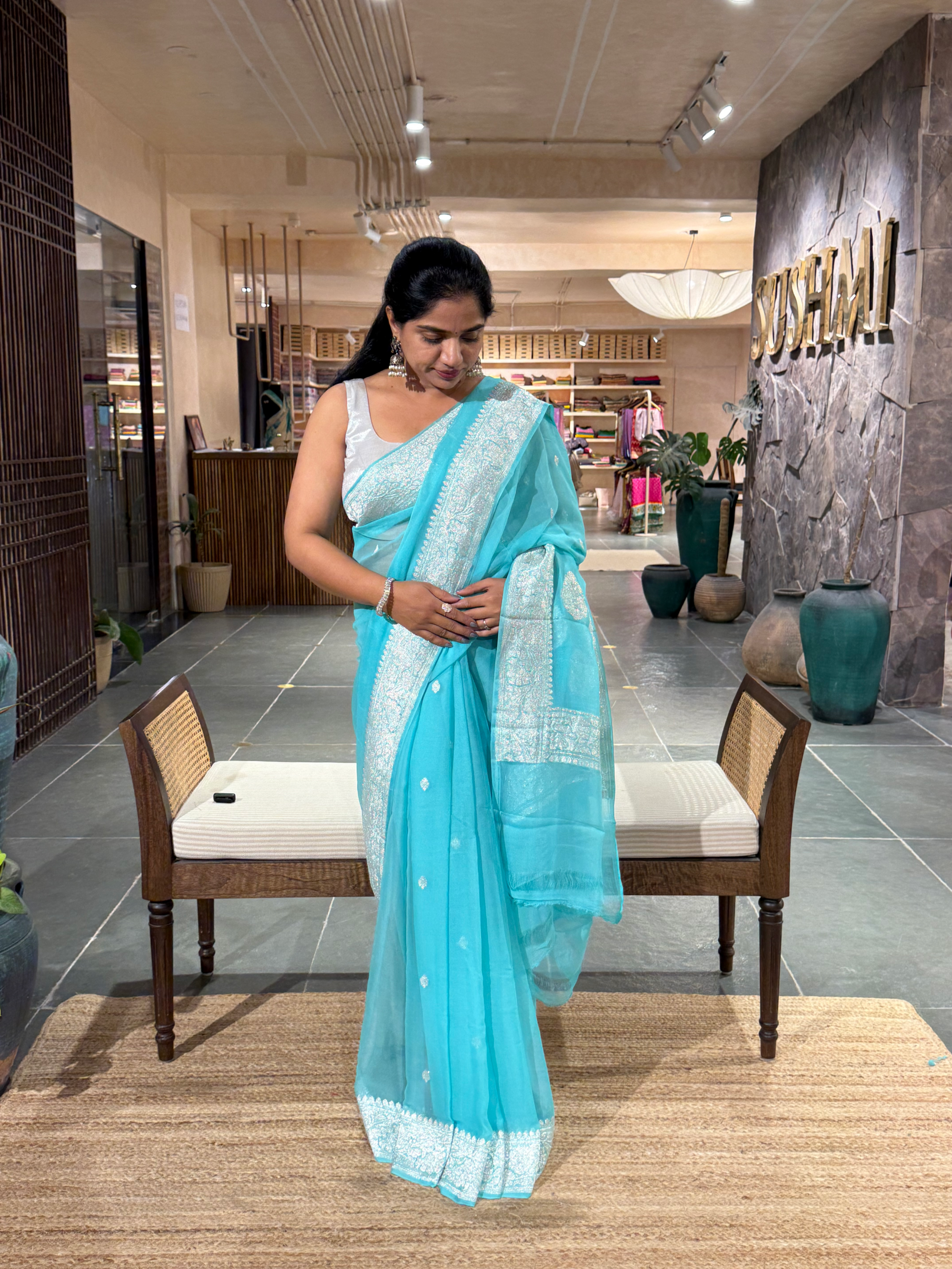 Sea Blue Banarasi Chiffon Saree With Silver Zari Weaving