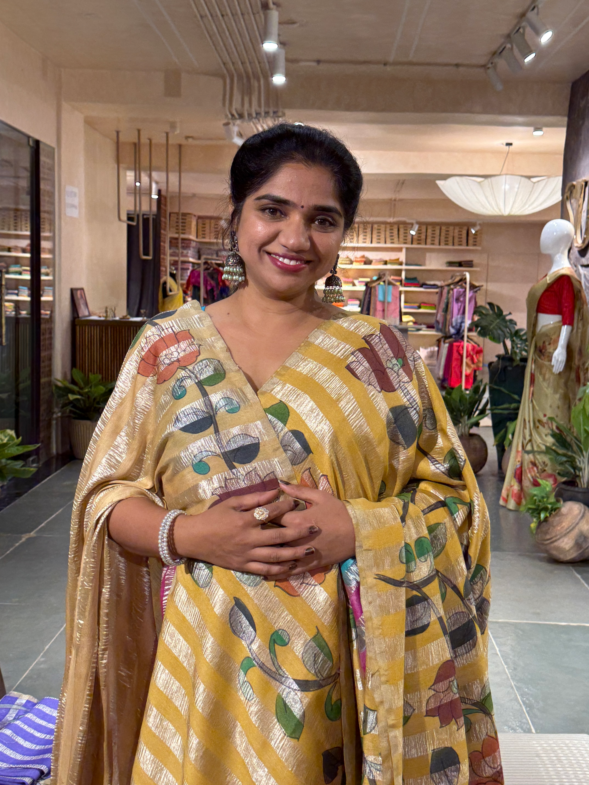 SMTKM173 Pure Handloom Munga Silk Wth Tissue Stripes & Penkalamkari Handpainting
