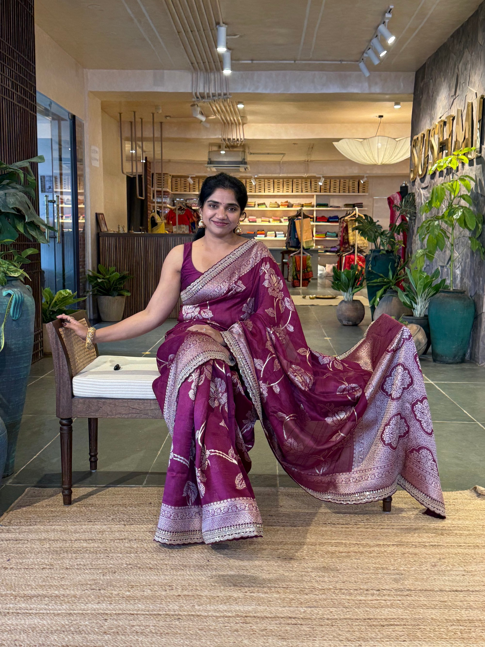 Wine Tussar Khaddi Saree with Allover weaving and sabhyasachi borders STKM15