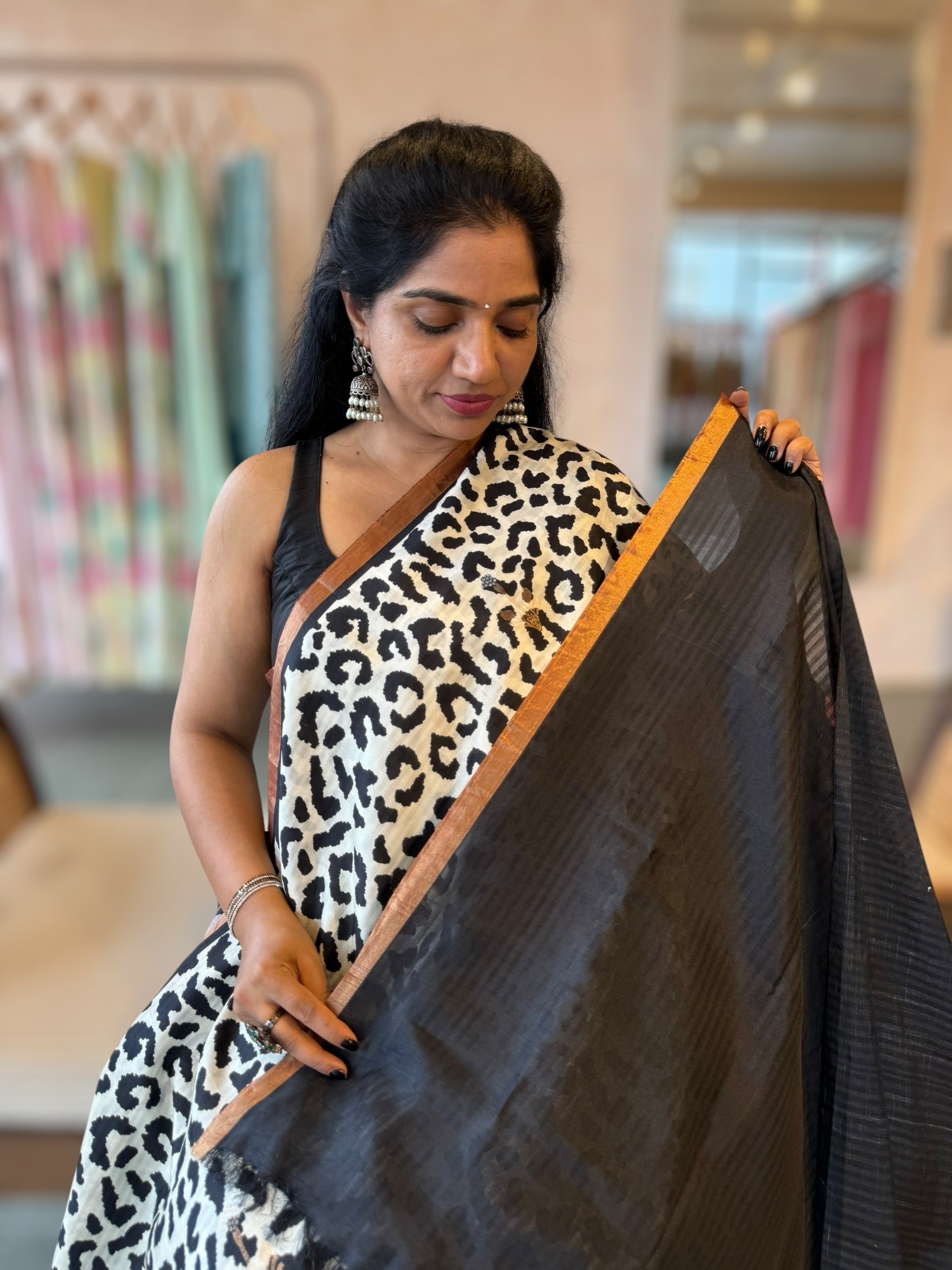 Kanchi Soft Silk Saree with Leopard and Statement 3D Rose Print