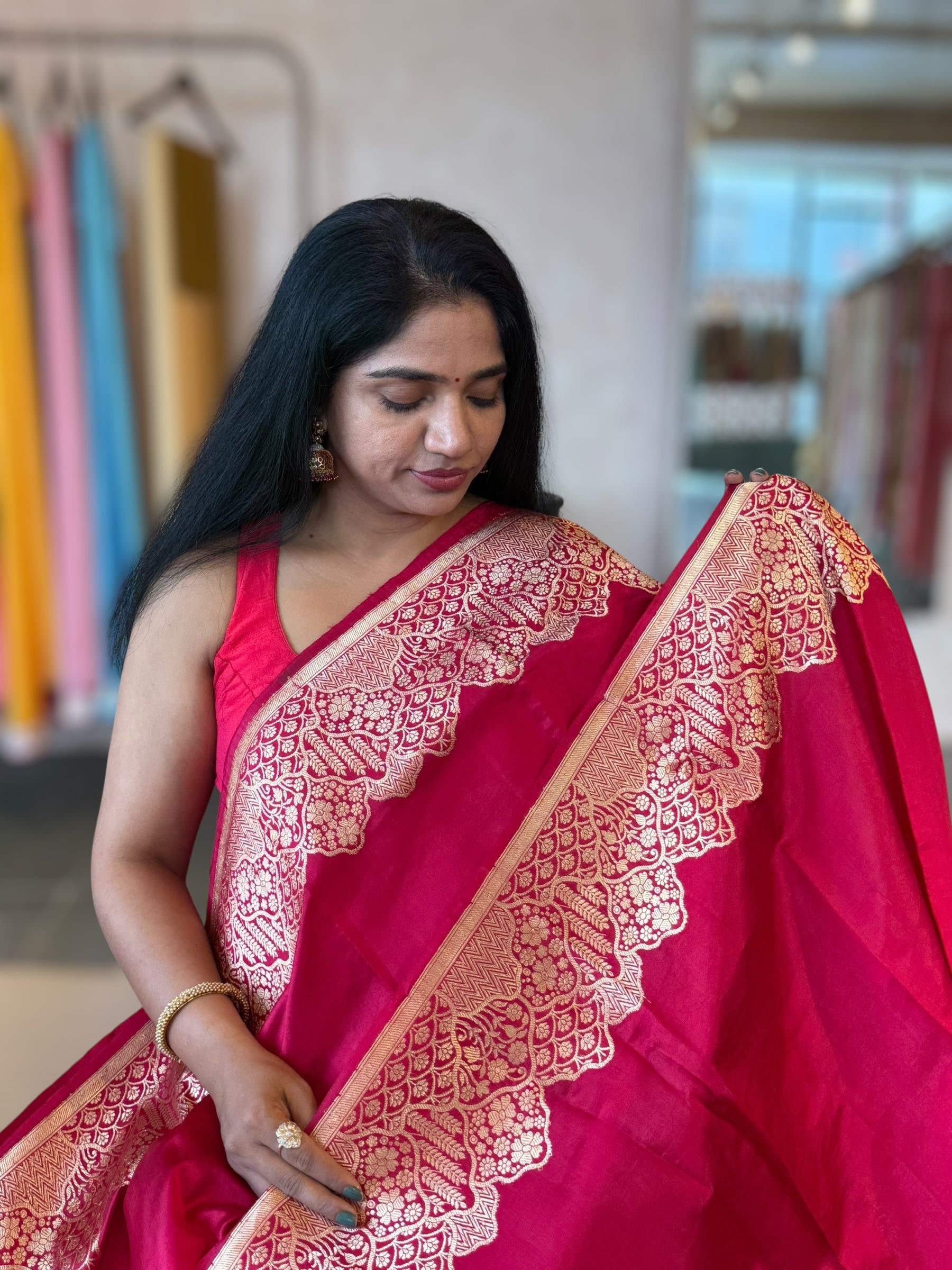 Ruby Pink Banarasi Raw Mango Silk Saree with Open Borders & Kaduwa Weavingc