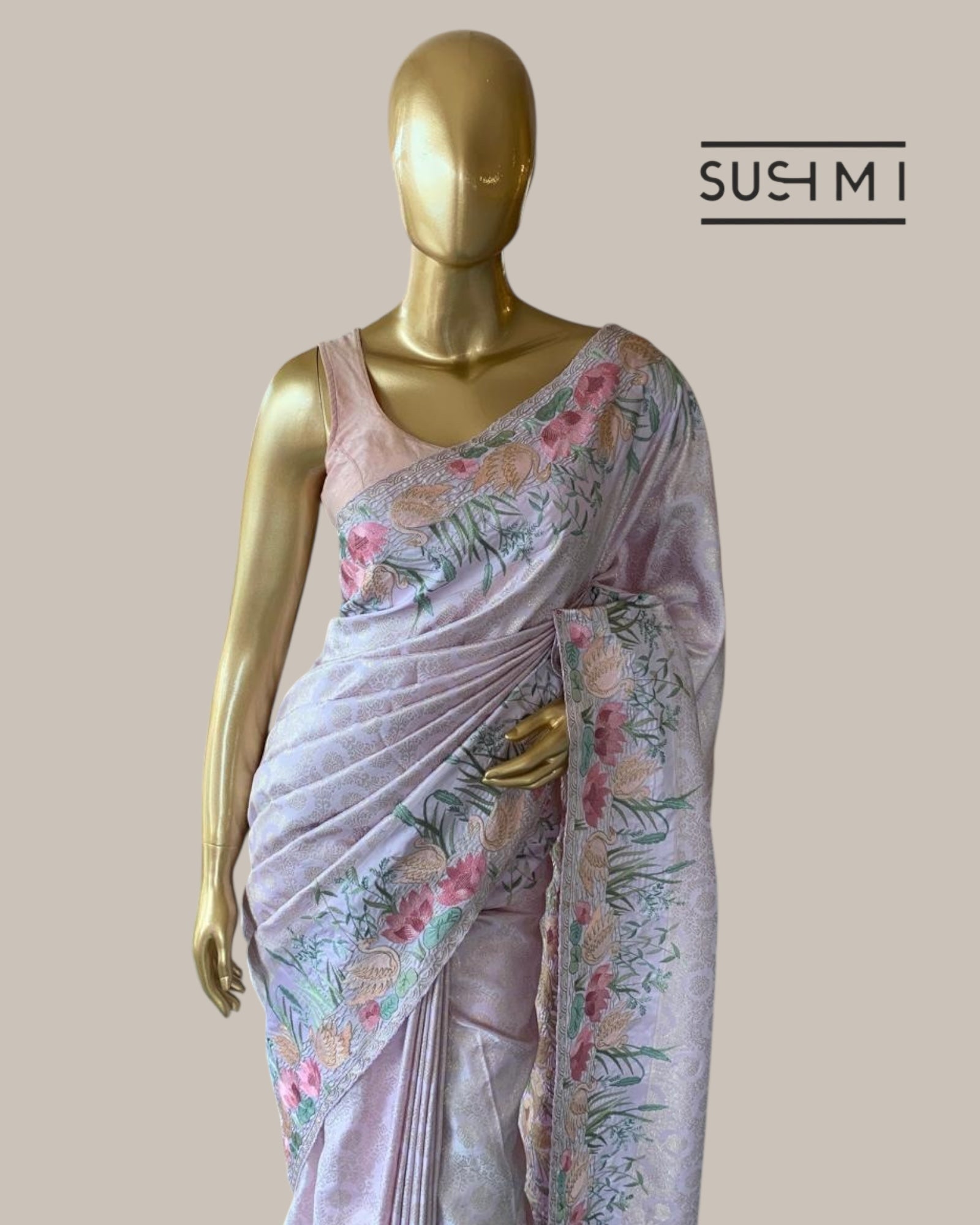 Lilac Kanjeevaram Brocade Saree Beautiful Pond Theme Embroidered Border.