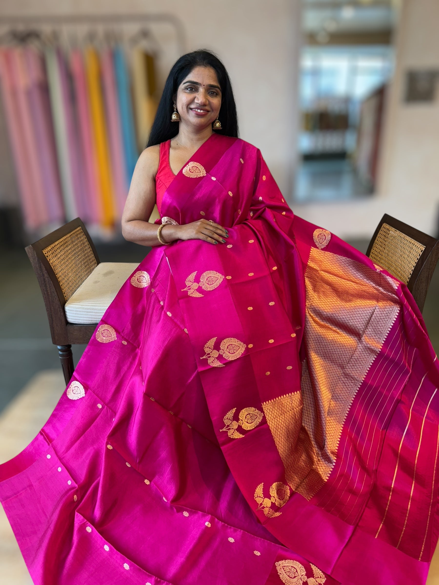 Rani Pink Banarasi Raw Mango Silk Saree with Open Borders & Kaduwa Woven Motifs