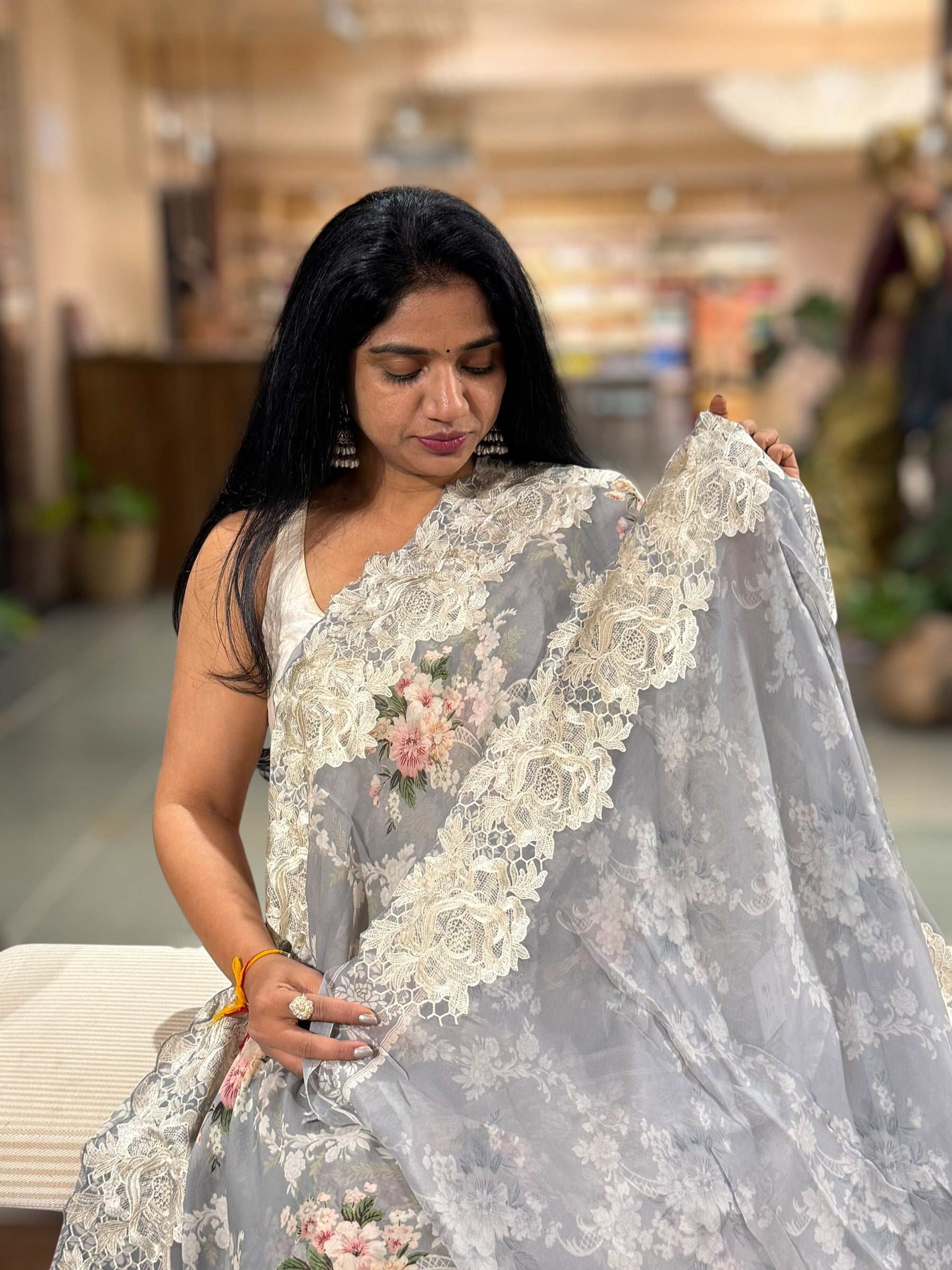 Grey Gorgette Printed Saree With Chatilly Lace Style Cutwork embroidered Border